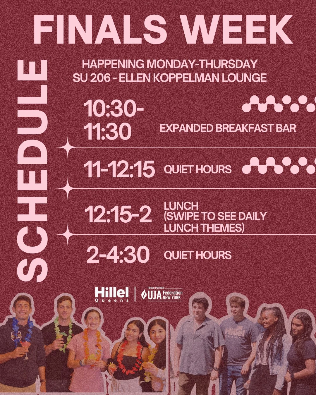 📚✨ FINALS WEEK AT QUEENS HILLEL ✨📚 ⁠
Need a study break, quiet space, or a good meal? Swipe to see what ee&rsquo;ve got covered for you all week long 💖 ⁠
⁠
And don't forget to check out:⁠
⁠
☕🇮🇱 CAFE IVRIT &ndash; CHANUKAH EDITION⁠
🗓 December 15