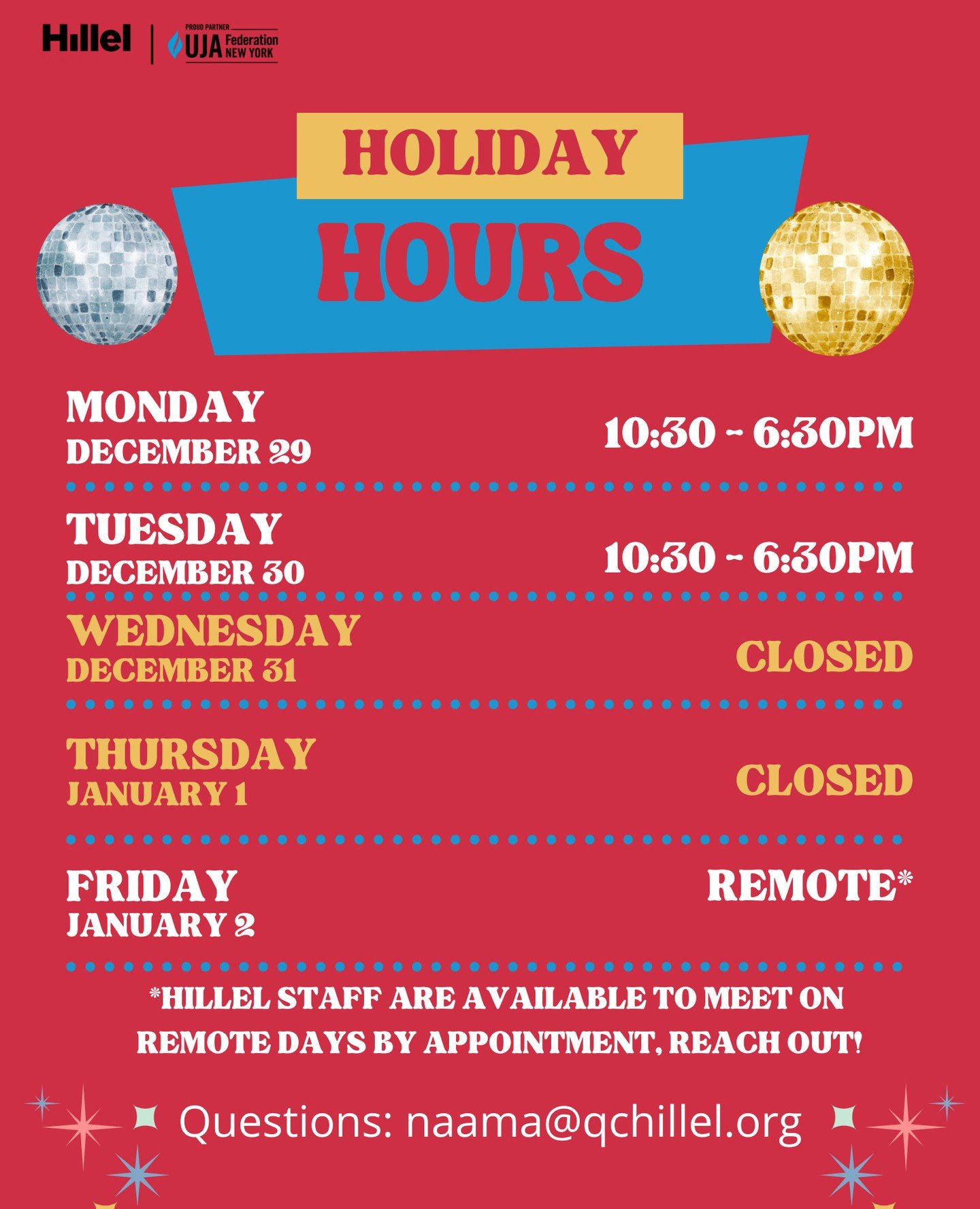 📅 🕒 Queens Hillel Holiday Hours! Week of Dec 29&ndash;Jan 2. Remote meetings available by appointment ✨⁠
⁠
⁠
#queenshillel #hillel #studentlife #jewishlife #collegelife #CUNY⁠￼ #winterbreak