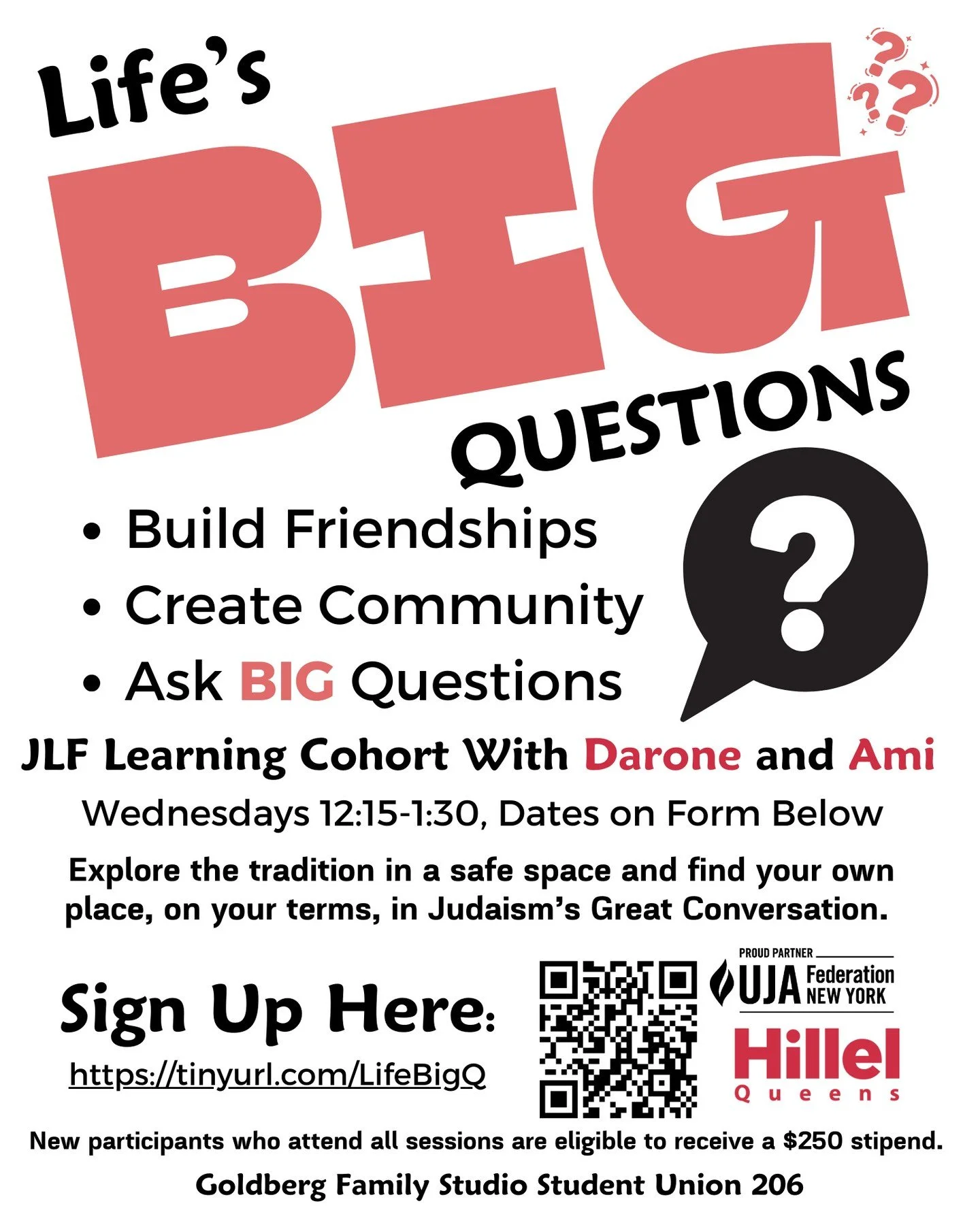 JLF, a learning cohort focused on connection, community, and asking the big questions! ⁠
⁠
🗓 Wednesdays | 12:15&ndash;1:30 PM⁠
📍 SU206 Goldberg Studio⁠
⁠
Featuring mentors Darone Ruskay &amp; Amitai Nelkin 👏🧠⁠
⁠
Don&rsquo;t forget to sign up thro