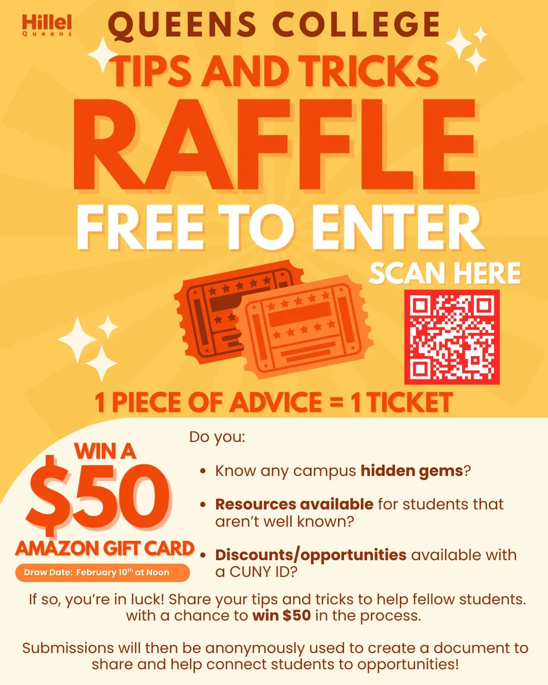 Got a Queens College tip worth sharing? 👀 Drop your campus gems, resources, or CUNY ID perks and get entered to win a $50 Amazon gift card 🎟️✨⁠
⁠
#queenshillel #hillel #studentlife #jewishlife #collegelife #CUNY⁠￼