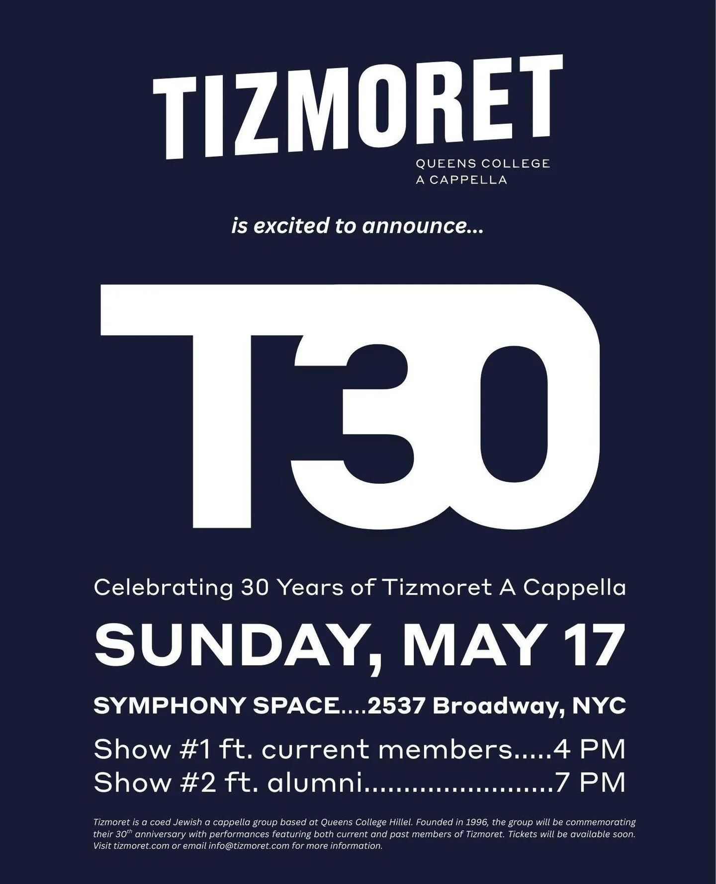 Celebrating 30 years of Tizmoret 🎶 @tizmoretacappella⁠
📍 Symphony Space | 🗓 May 17⁠