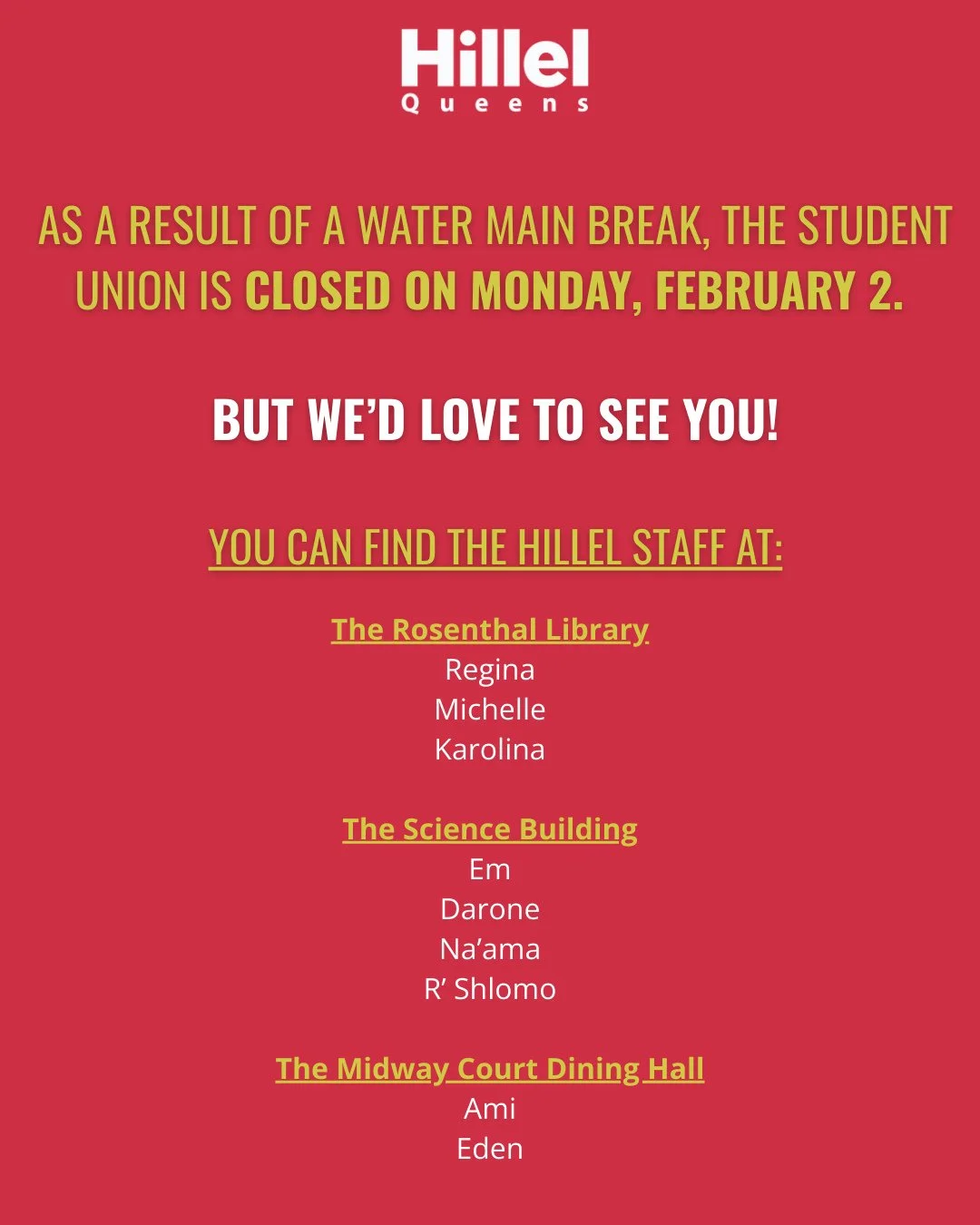 Even when the Student Union is closed, Queens Hillel is still here for you.⁠
⁠
We can't wait to see you on campus, at Shacharit (with Torah reading), and at our Tu B'Shevat celebration.⁠
⁠
#queenshillel #hillel #studentlife #jewishlife #collegelife #