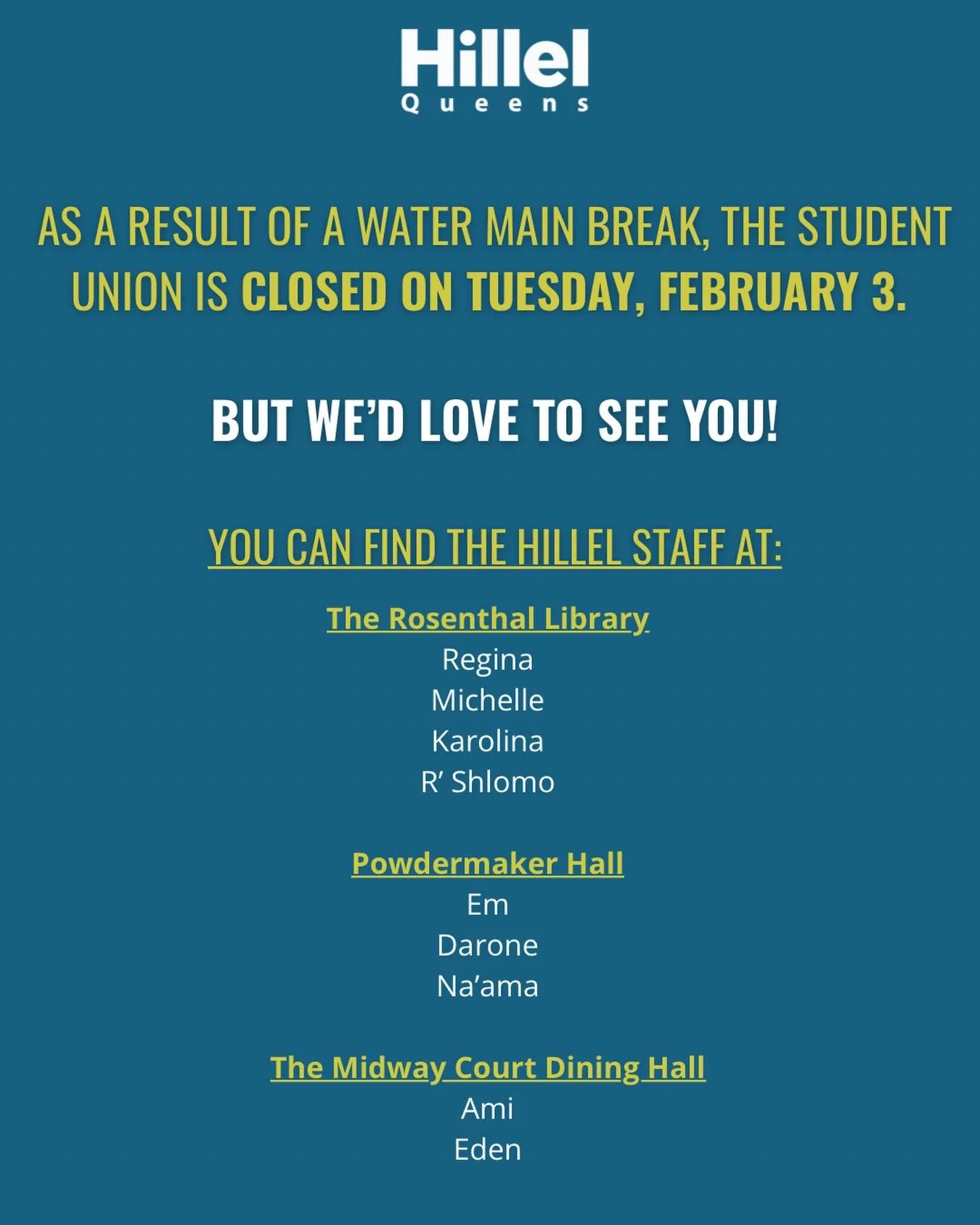 Sometimes you gotta roll with the punches &hellip; @queens_hillel is still here for you. Find a member of the Queens Hillel team in any of these locations !