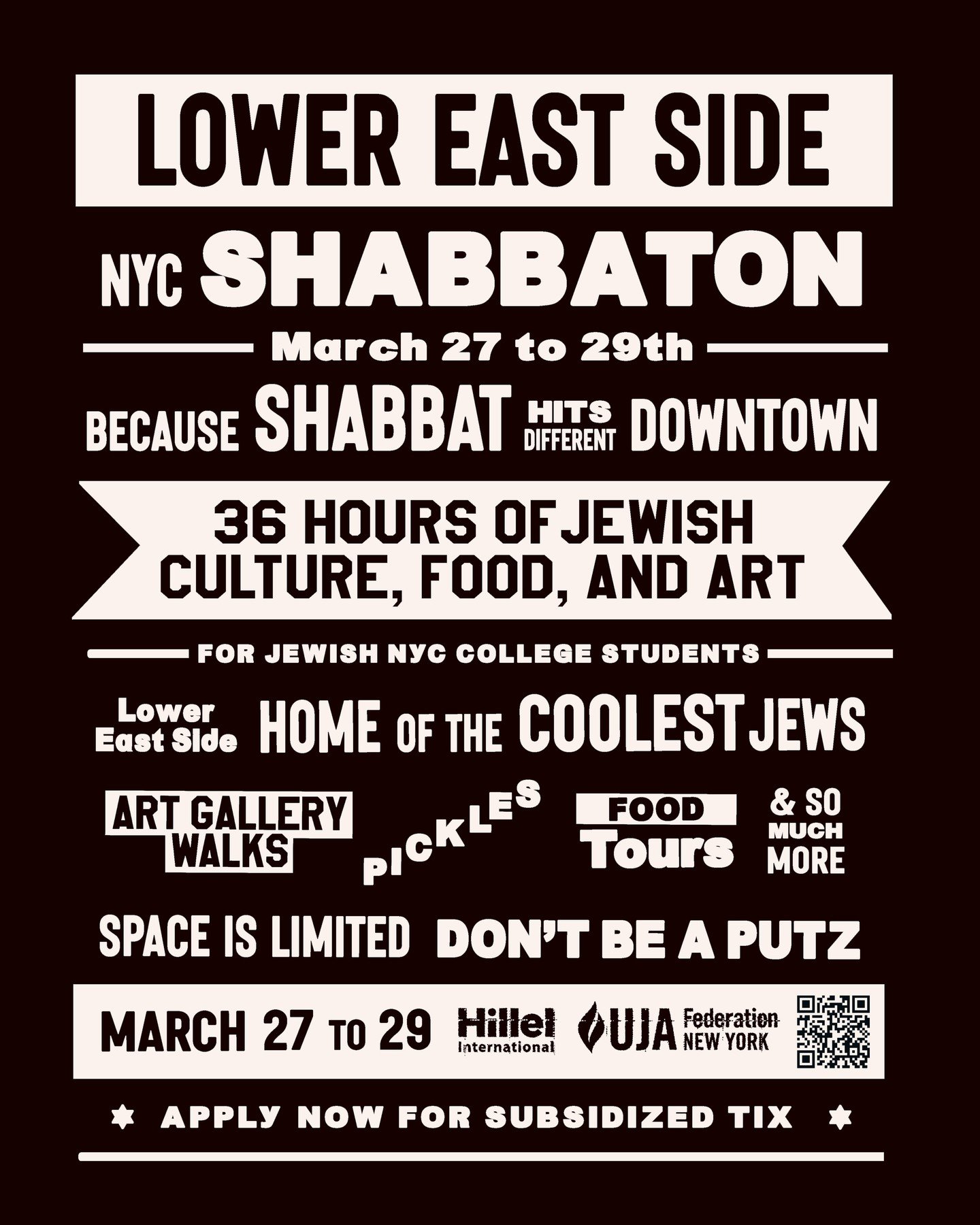 NYC Jewish Students &ndash; this one&rsquo;s for you. 🗽🥒☕✨⁠
⁠
From March 27&ndash;29, Hillels across the city are hosting a Lower East Side Shabbaton &ndash; and applications justtt opened.⁠
⁠
Spend the weekend with Jewish students from across NYC 