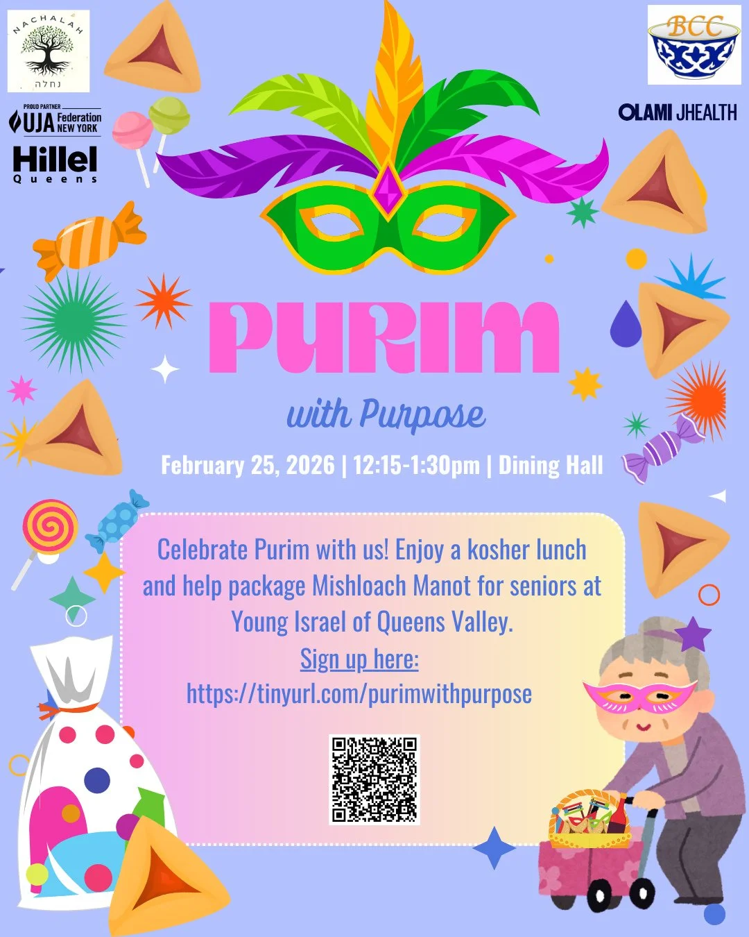 🎭✨ Purim with Purpose ✨🎭⁠
Join us for a kosher lunch + the chance to give back by packing Mishloach Manot for seniors at Young Israel of Queens Valley 💝⁠
⁠
📅 Feb 25⁠
⏰ 12:15&ndash;1:30 PM⁠
📍 Dining Hall⁠
⁠
Come celebrate, connect, and spread joy