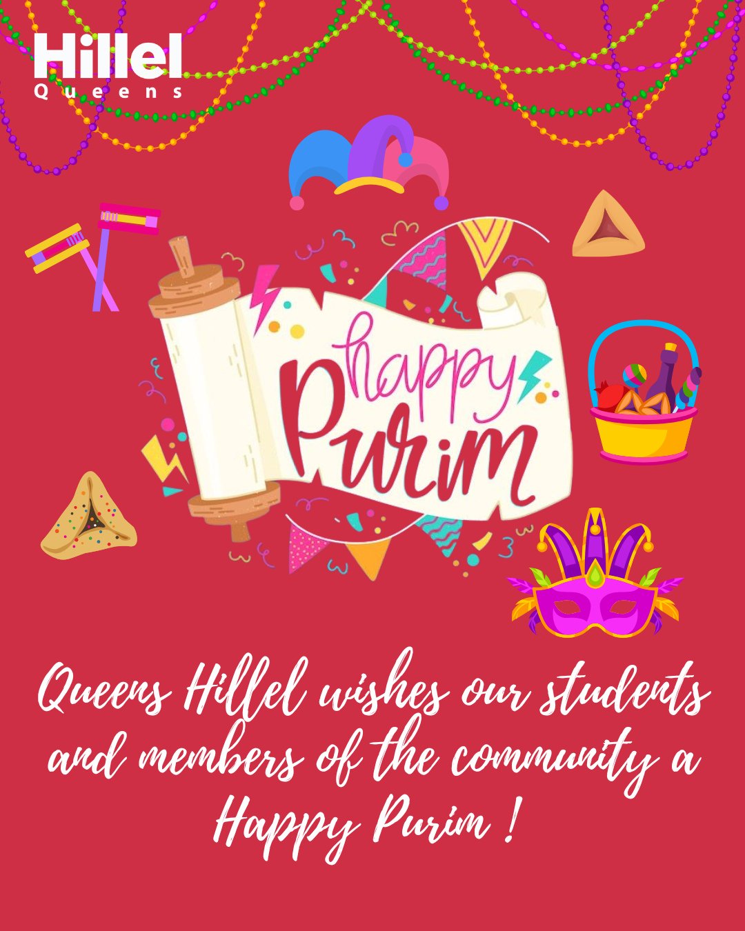 Happy Purim from Queens Hillel! 🎭✨ Wishing our students and community members a Purim filled with light, joy, laughter, and lots of simcha 💜⁠
⁠
⁠
#queenshillel #hillel #studentlife #jewishlife #collegelife #CUNY⁠ #Purim⁠
⁠
