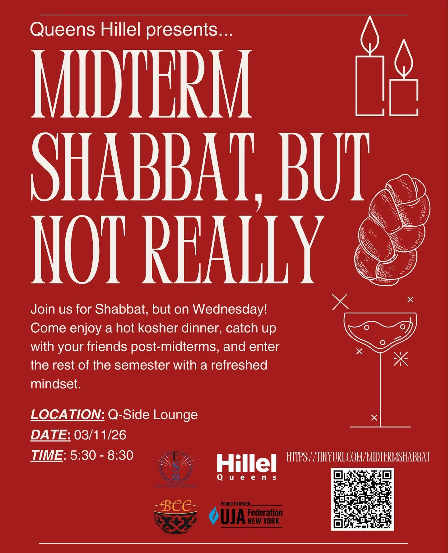 Midterms are stressful 😅&hellip; Shabbat doesn&rsquo;t have to be. 🍽️⁠
Take a midweek break with Midterm Shabbat (on Wednesday) &mdash; great food, friends, and a chance to recharge. In partnership with @bcc_qc ✨Shabbat&hellip; but not really. 🕯️