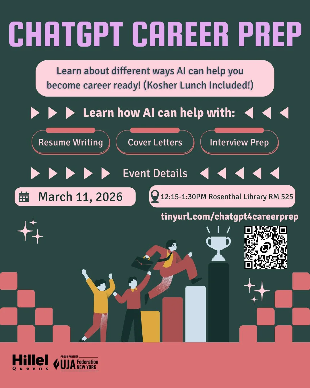 Thinking about internships or jobs? 💼 Learn how to use ChatGPT to boost your resume, cover letters, and interview skills at our Career Prep event!⁠
⁠
#queenshillel #hillel #studentlife #jewishlife #collegelife #CUNY⁠