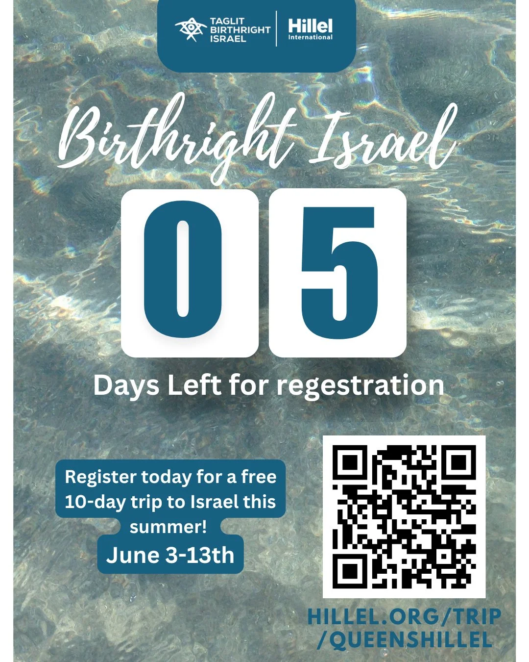 Only 5 days left to register! 🇮🇱✈️⁠
Don&rsquo;t miss your chance to experience Israel on a FREE 10-day Birthright trip this summer with Queens Hillel.⁠
📅 June 3&ndash;13⁠
Spots are filling fast &mdash; register now!⁠
⁠
#queenshillel #hillel #stude