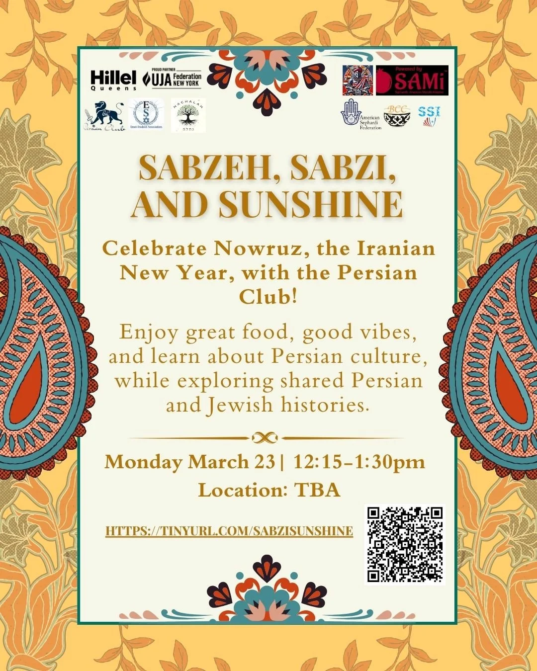 Celebrate the Persian New Year, Nowruz! ✨ Enjoy good food, great vibes, and a chance to explore Persian culture and shared Jewish history.⁠
⁠
📅 March 23 | 12:15&ndash;1:30pm⁠
Grab a friend, come celebrate and don't forget to sign up !