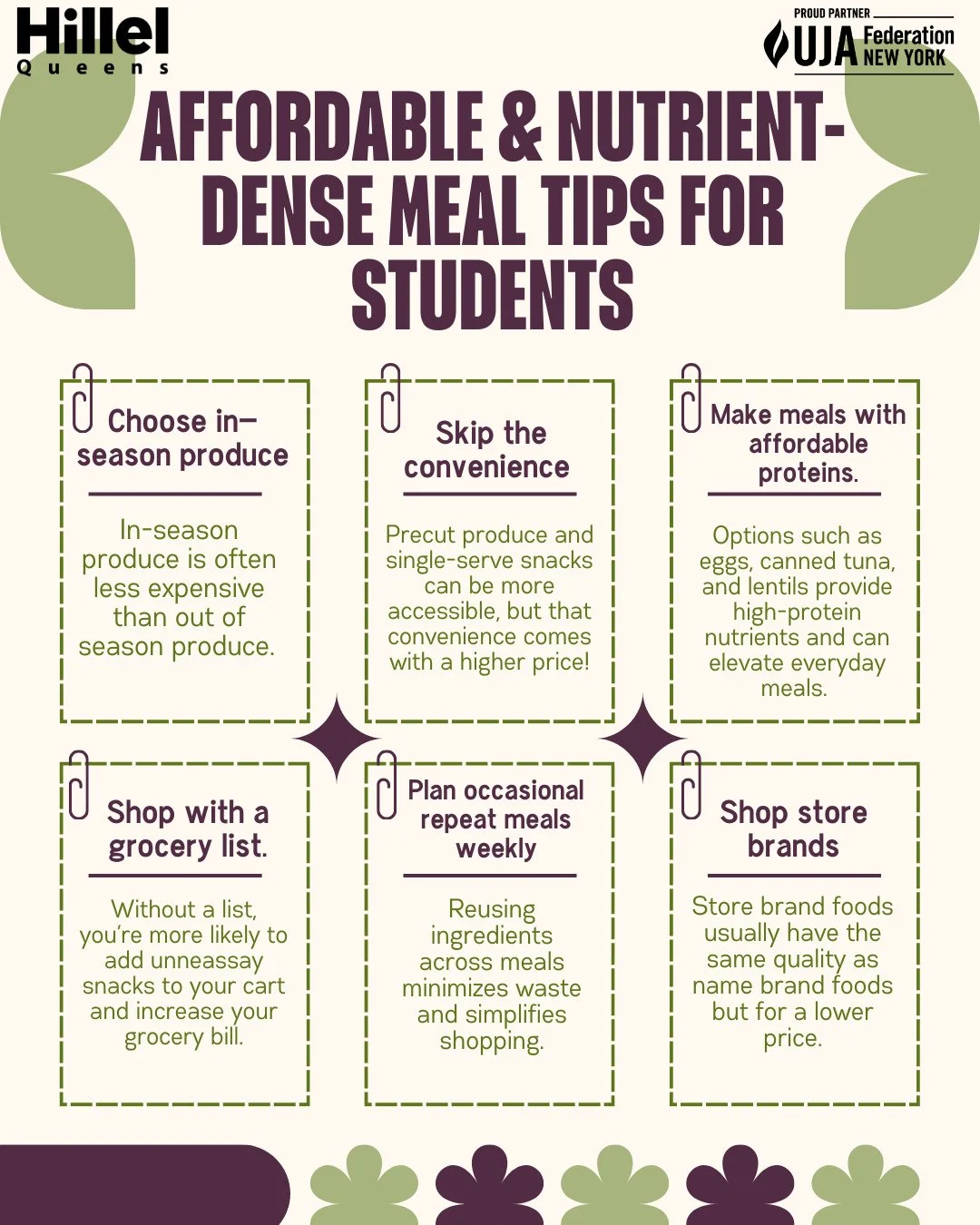 Eating well on a budget doesn&rsquo;t have to be hard 💸 🥗 Here are some affordable and nutrient filled tips and tricks to fuel your body. ⁠
⁠
Meet with our nutrition intern Yael, for more tips. Schedule a meeting with her through the link in bio! ⁠