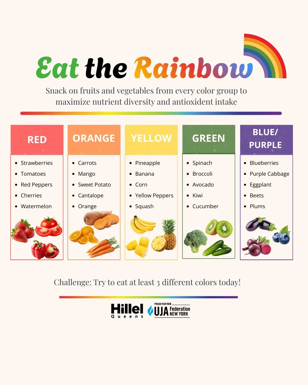 Eat the rainbow! 🌈✨A colorful plate is a healthy plate. Fuel your body with diverse nutrients!  Schedule a meeting with Yael, our nutrition intern through our Link in Bio for more questions! ⁠
⁠
#queenshillel #hillel #studentlife #jewishlife #colleg