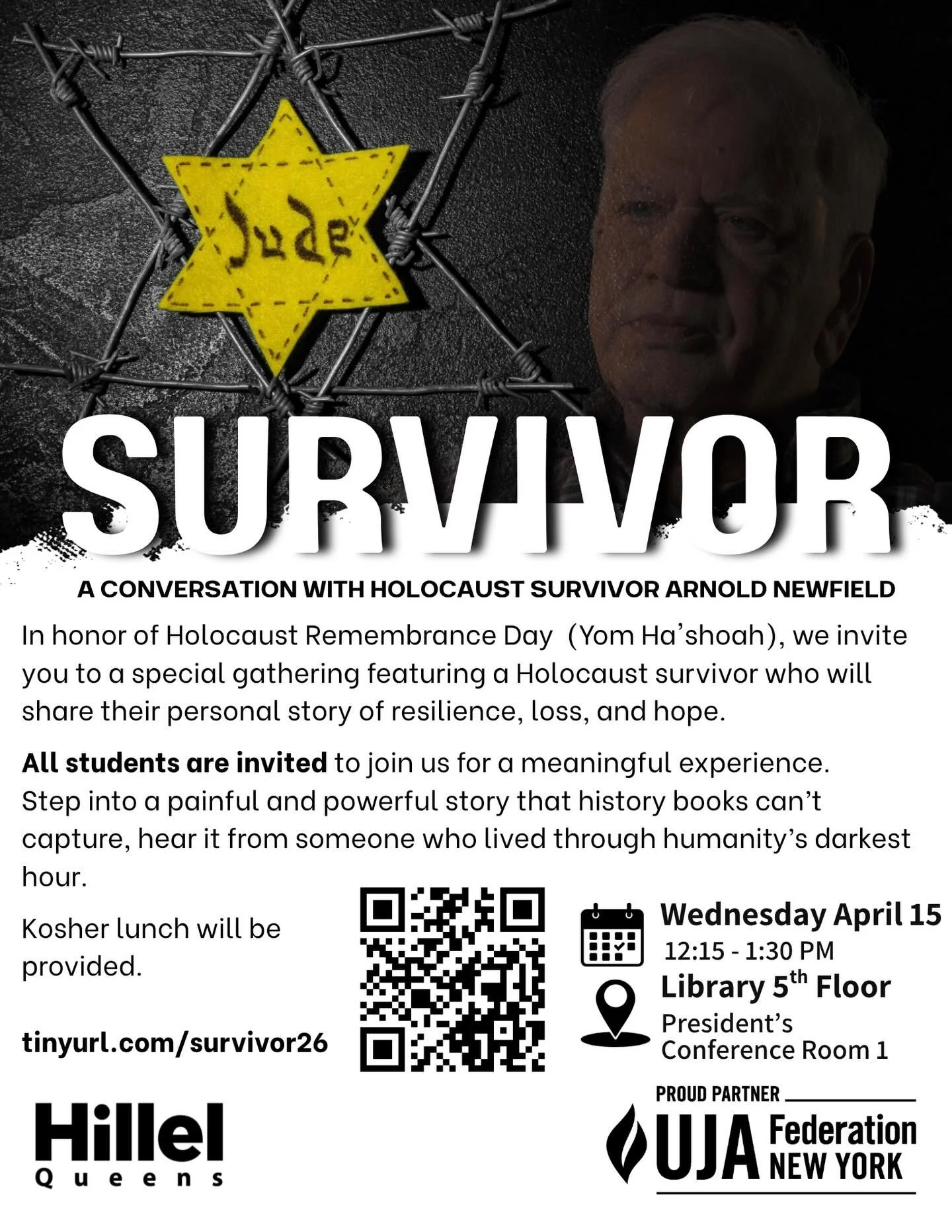 Join us for a painful and powerful conversation with Holocaust survivor Arnold Newfield for Yom HaShoah *this Wednesday, April 15th 12:15-1:30.*

Please register here, the survivor wants to speak to a large group- help make that happen!
tinyurl.com/s