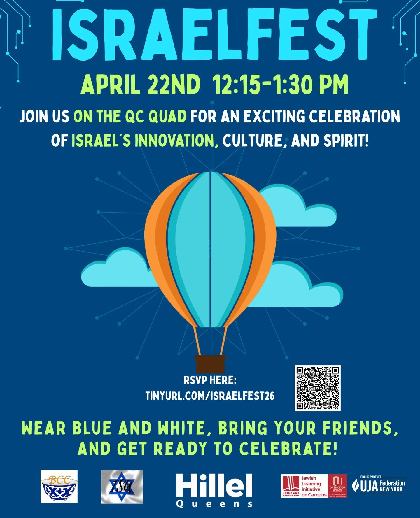 🎉 Join us on the QC Quad for Yom Ha&rsquo;atzmaut! Immerse yourself in the vibrant culture, groundbreaking innovations, and incredible spirit of Israel. Indulge in tasty Israeli food, enjoy amazing music and explore hands-on activities inspired by I