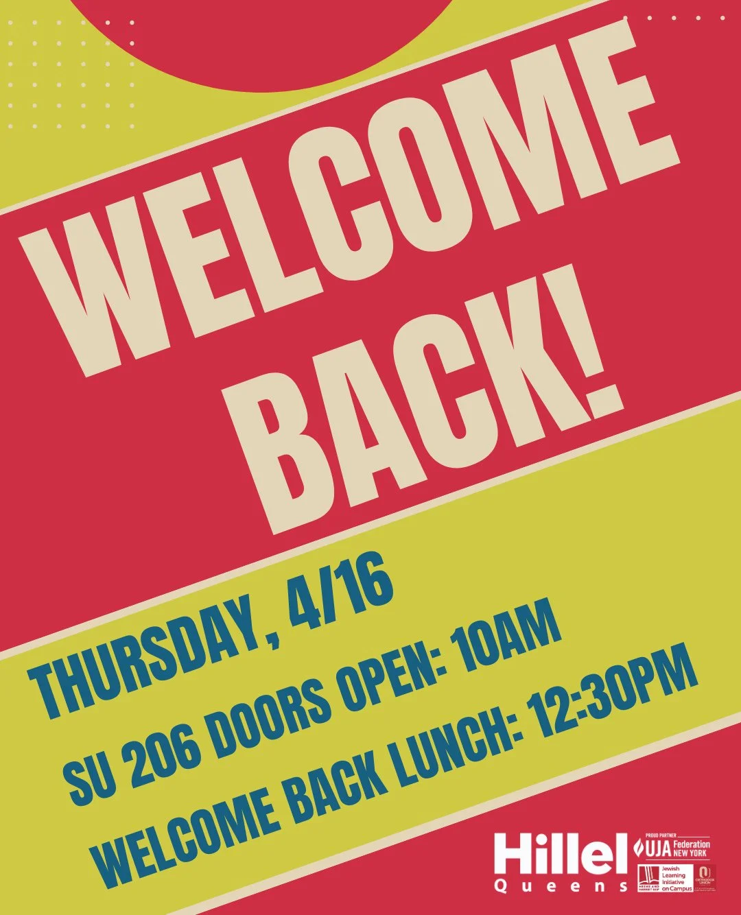 🎉 Welcome back, QC 🎉⁠
⁠
SU 206 is officially OPEN again starting 4/16 at 10AM and we can&rsquo;t wait to see you!⁠
⁠
Swing by, hang out, and kick off the rest of the semester with us and don&rsquo;t forget:⁠
🍽️ Lunch starts at 12:30PM⁠
⁠
Good vibe