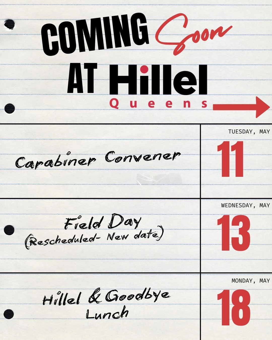 Coming up at Queens Hillel 🤩✨We&rsquo;ve got so many exciting events lined up to help you de-stress, connect with friends, and celebrate the end of the semester! Swipe for more details + RSVP through the link in bio ➡️⁠
⁠
🎨 Carabiner Convener⁠
📅 M