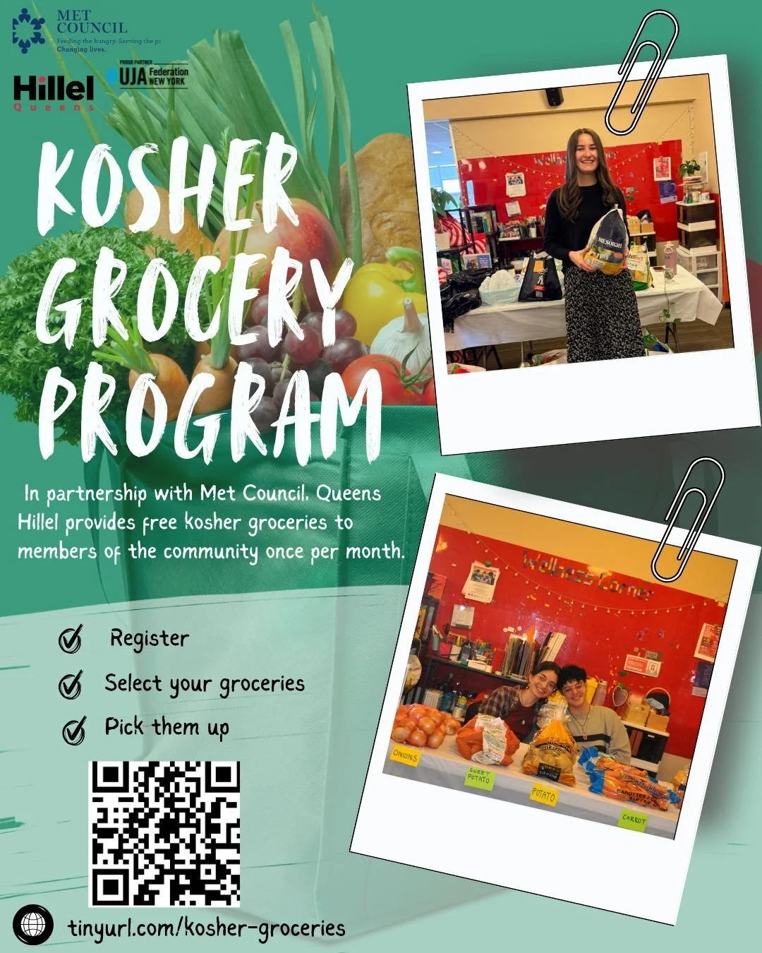 Check out our Free Kosher Grocery Program 🛒✨ It&rsquo;s as easy as 1, 2, 3&hellip;⁠
1️⃣ Register⁠
2️⃣ Select your groceries⁠
3️⃣ Pick them up!⁠
⁠
Pick up your groceries this Tuesday &amp; Wednesday, May 12&ndash;13 📅 ⁠
Register through the link in 