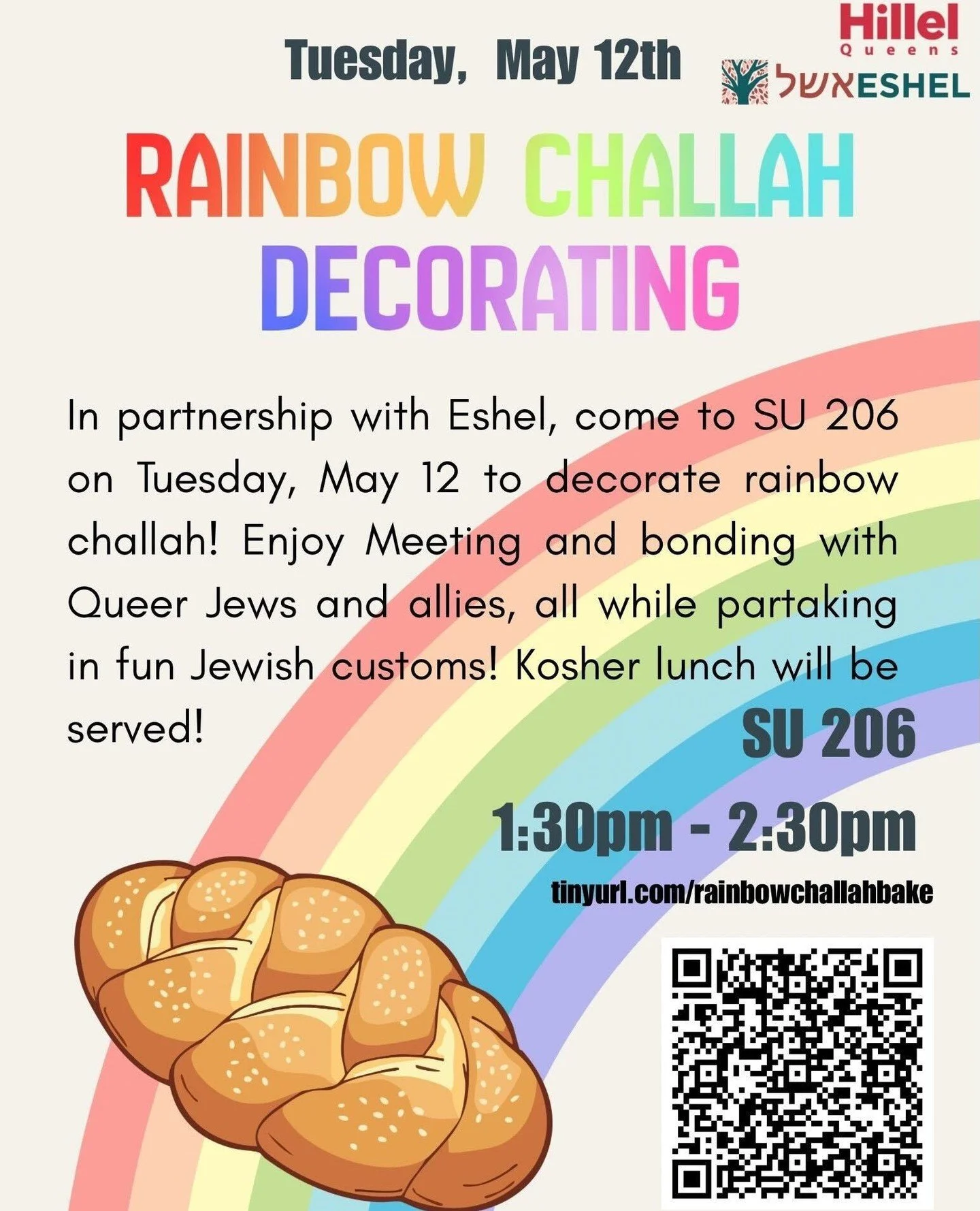 🌈🍞 Join us for Rainbow Challah Decorating. Enjoy a fun afternoon of community, creativity, and kosher lunch 🤩⁠
⁠
📍 SU 206⁠
⏰ Tuesday, May 12 | 1:30pm&ndash;2:30pm⁠
🔗 RSVP: tinyurl.com/rainbowchallahbake⁠
⁠
#queenshillel #hillel #studentlife #jew