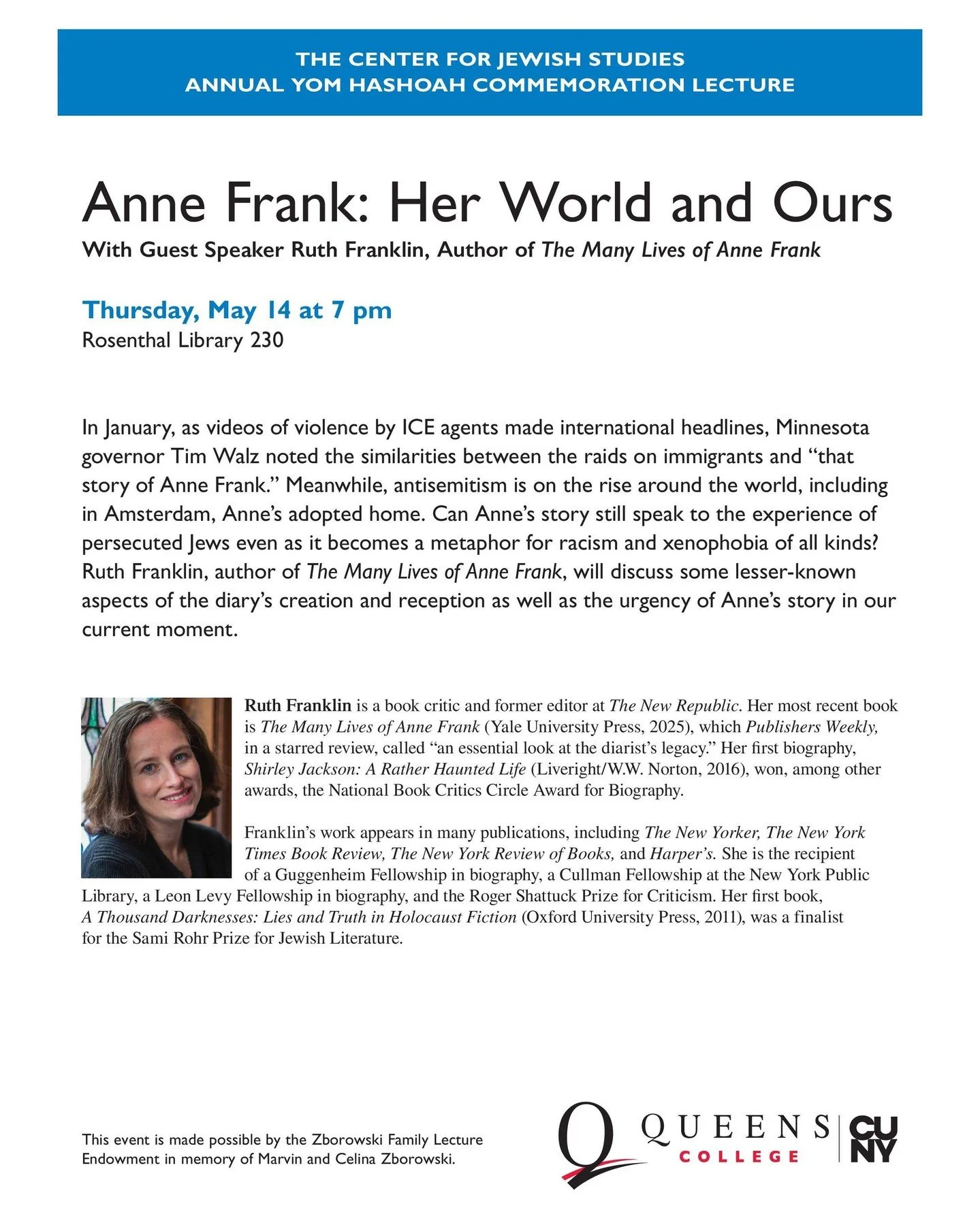 Join the center for Jewish studies for a powerful Yom Hashoah lecture with guest speaker Ruth Franklin as she discusses Anne Frank: Her World and Ours. ⁠
⁠
📅 Thursday, May 14⁠
⏰ 7 PM⁠
📍 Rosenthal Library 230
