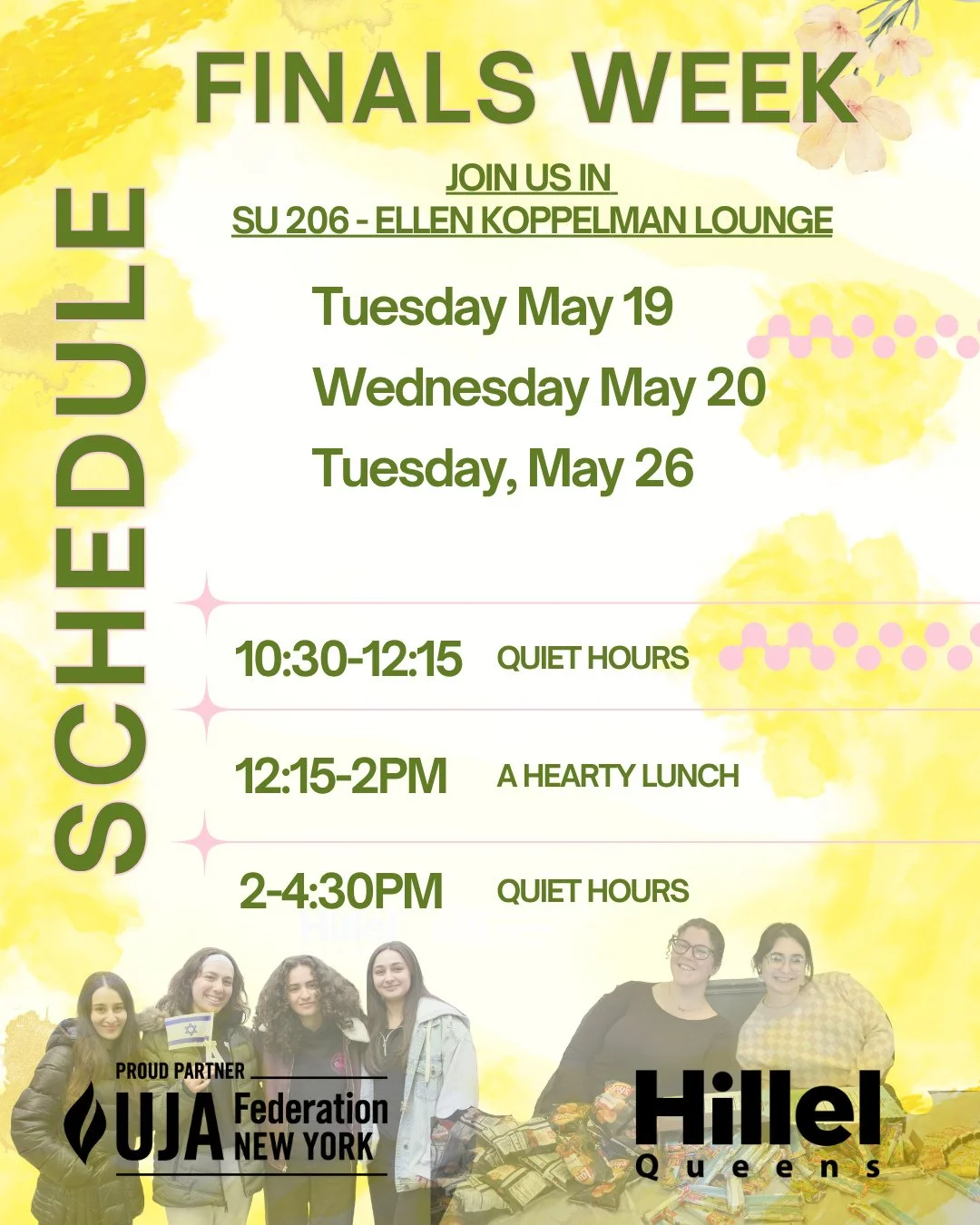 Finals are stressful so take a break and recharge with @queeens_hillel curated finals week schedule. Stop by for quiet studey hours and free kosher lumnches to keep you fueled. Swipe for dates and times