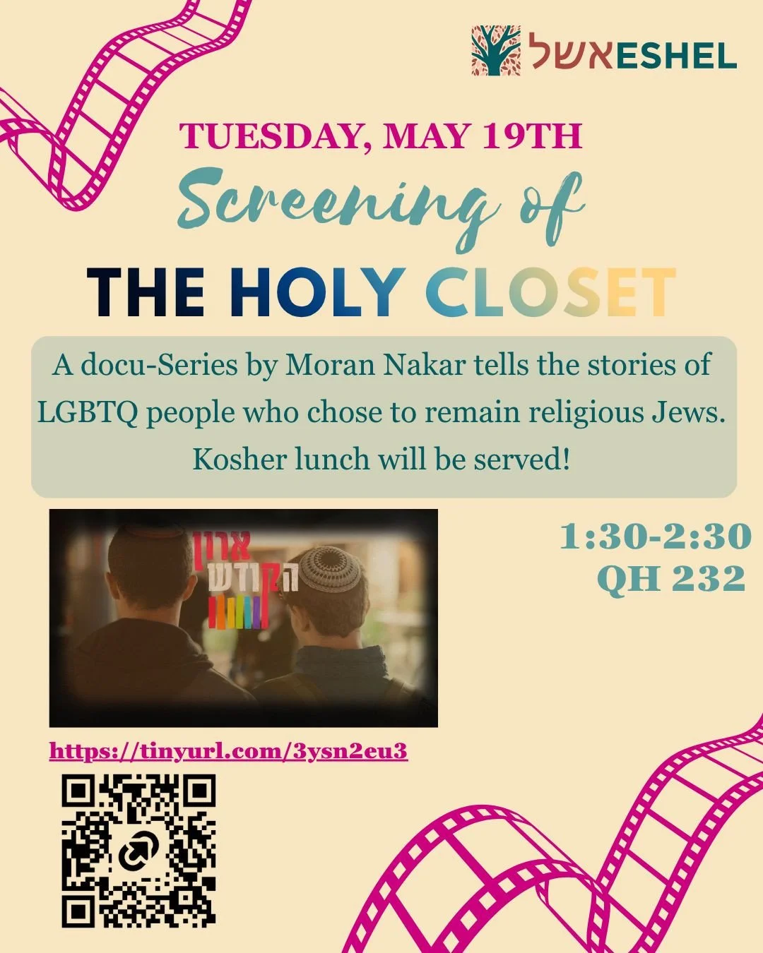 Join the screening of The Holy Closet 🎬 Hear powerful stories of LGBTQ+ individuals navigating life as religious Jews.⁠
⁠
📅 Tuesday, May 19⁠
⏰ 1:30&ndash;2:30 PM⁠
📍 QH 232⁠