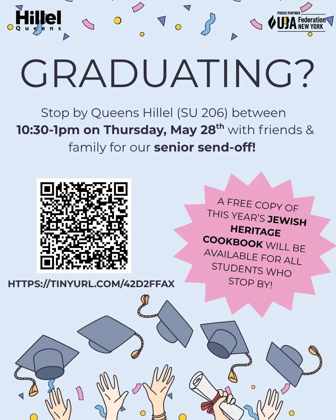 🎓 Graduating? We&rsquo;ve got a gift for you 🎁 Stop by Queens Hillel (SU206) after commencement on May 28th to pick up your FREE copy of this year&rsquo;s Jewish Heritage Cookbook ✨🍽️⁠
⁠
#queenshillel #hillel #studentlife #jewishlife #collegelife 