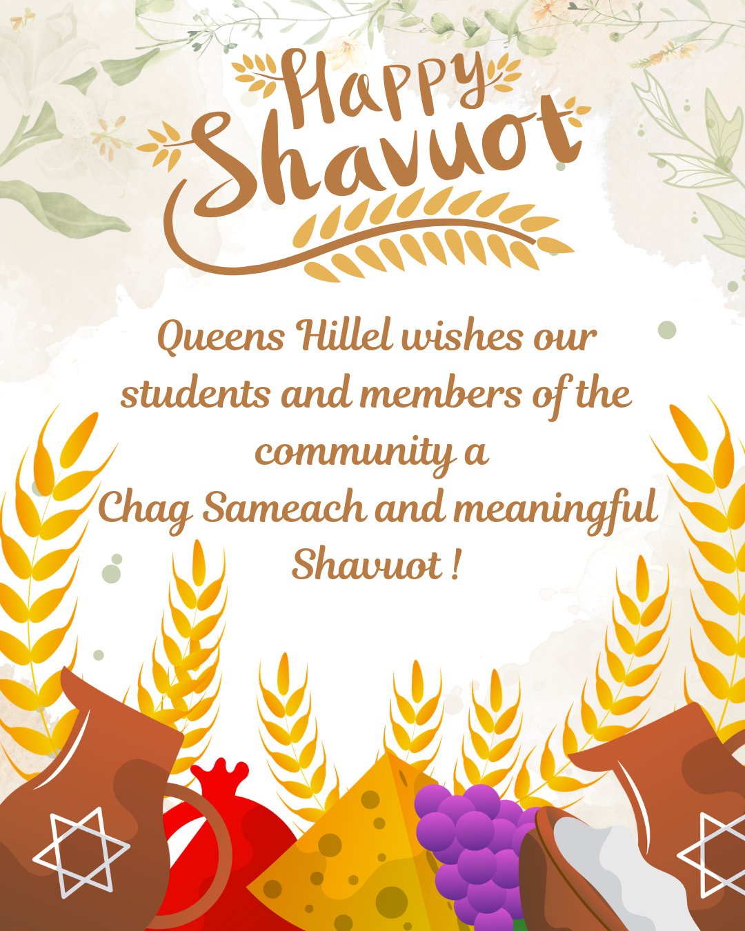 Queens Hillel wishes you a Chag Sameach &amp; Happy Shavuot! May your holiday be filled with joy, community, and lots of cheesecake 🧀✨⁠
⁠
#queenshillel #hillel #studentlife #jewishlife #collegelife #CUNY⁠ #shavuot ⁠