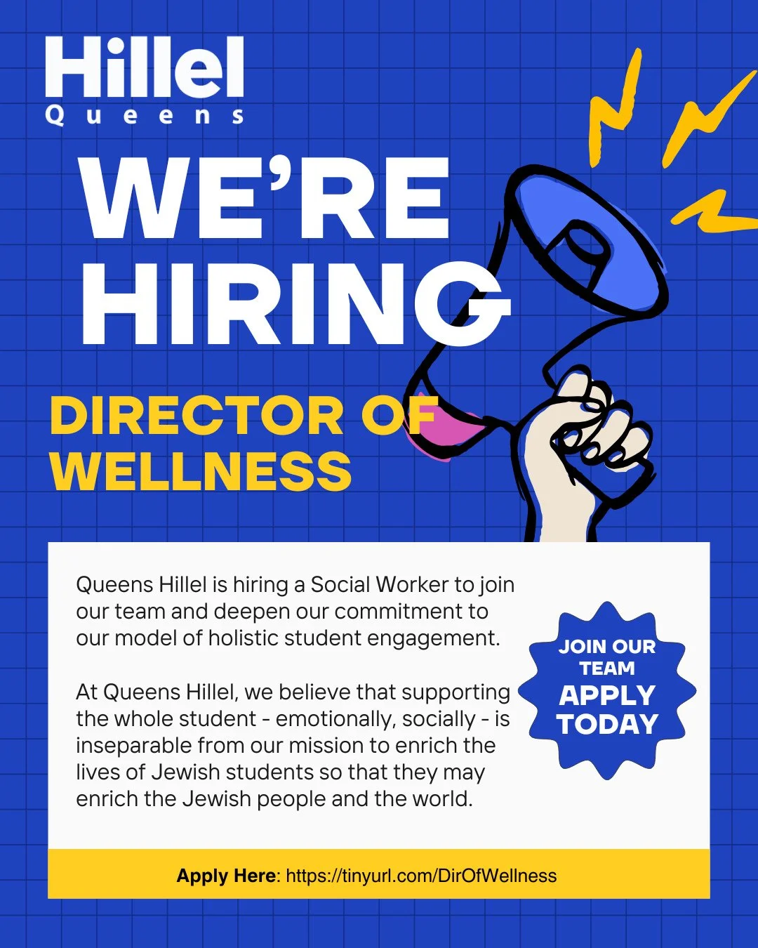 📣 WE&rsquo;RE HIRING! Queens Hillel is looking for a Director of Wellness to help support and uplift Jewish students on campus 🤝✨⁠
⁠
Apply today: tinyurl.com/DirOfWellness or through the link in bio