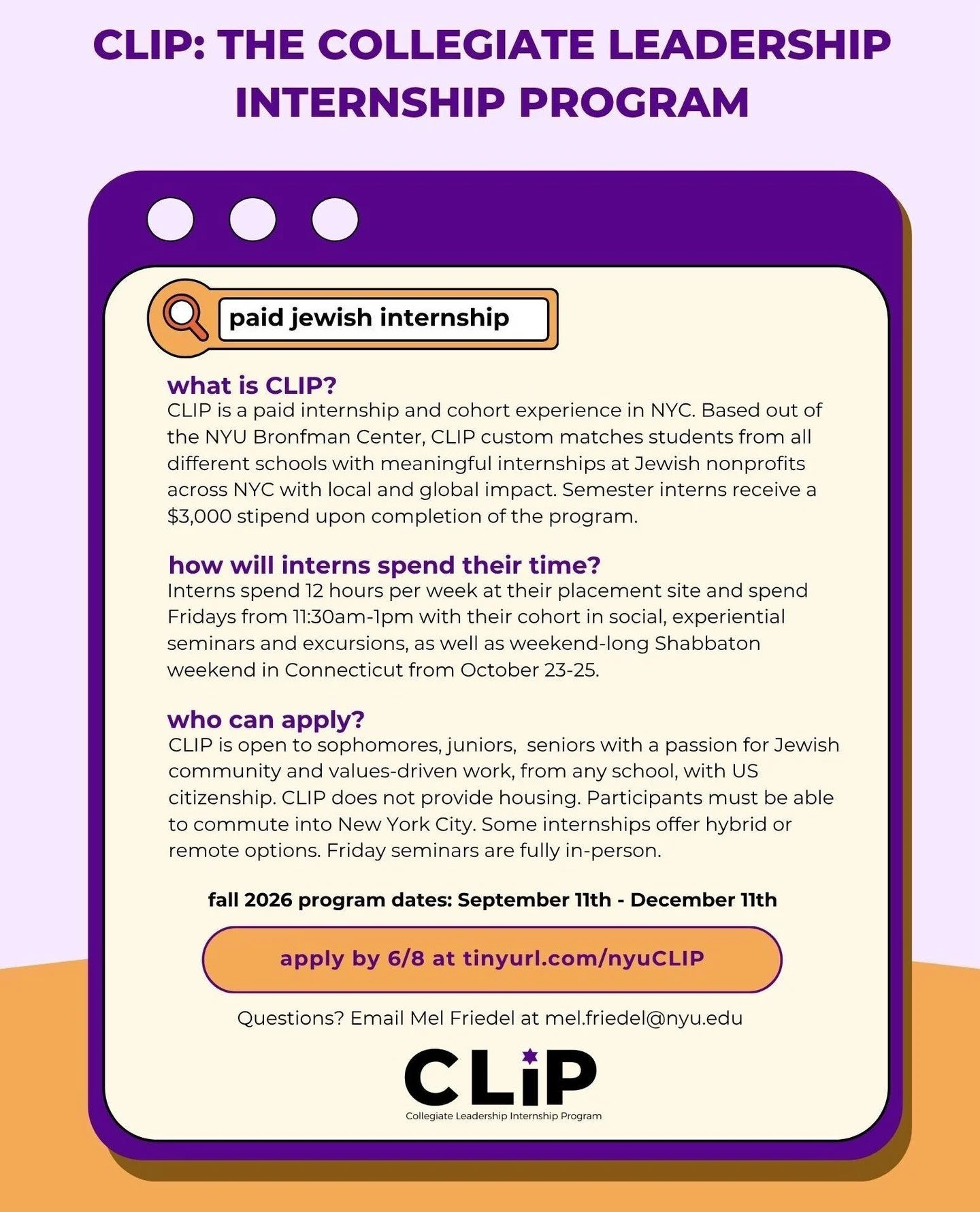 💼✨ Looking for a paid fall internship?⁠
⁠
Join CLIP and gain hands-on experience at a Jewish nonprofit, build leadership skills, and earn a $3,000 stipend upon completion!⁠
⁠
📅 Sept. 11&ndash;Dec. 11 ⁠
⏰ Apply by June 8⁠
🔗 tinyurl.com/nyuCLIP ⁠
⁠
