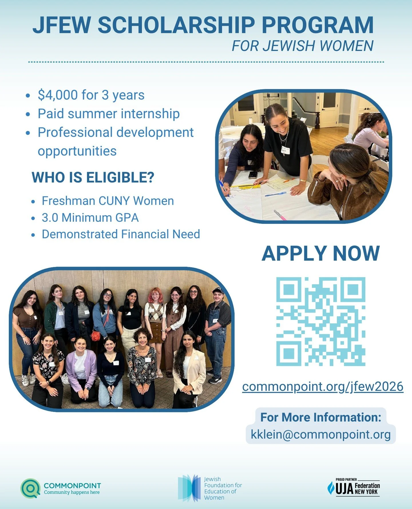 🎓✨ Incoming CUNY freshmen: Apply for the JFEW Scholarship Program for scholarships, paid internships, and professional development. ⁠
⁠
Scan the QR code to learn more! @commonpoint ⁠
⁠