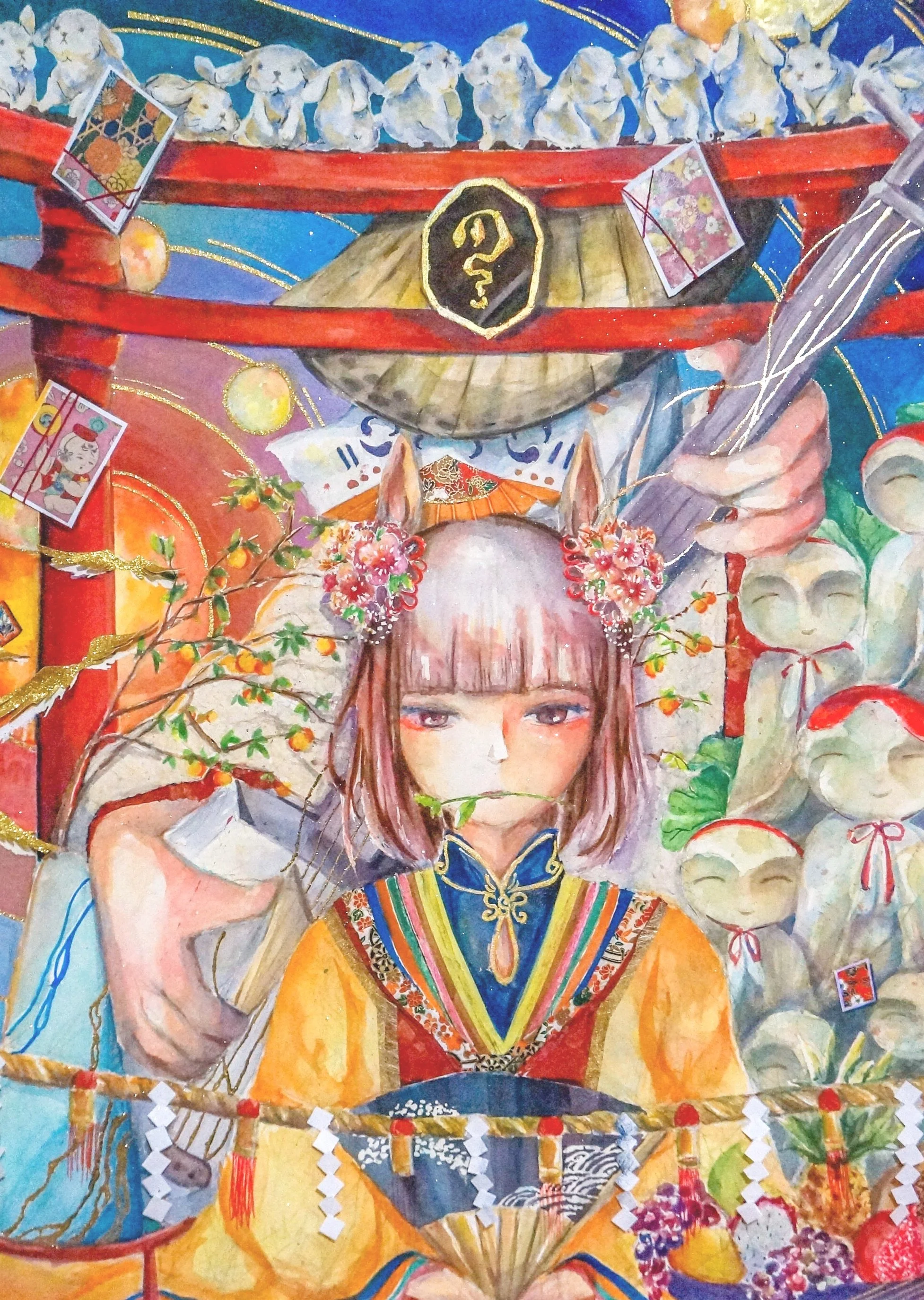 All Hail the Bunny God (2023)
22" x 30", watercolor, paper cutouts, gold leaf, and mulberry paper