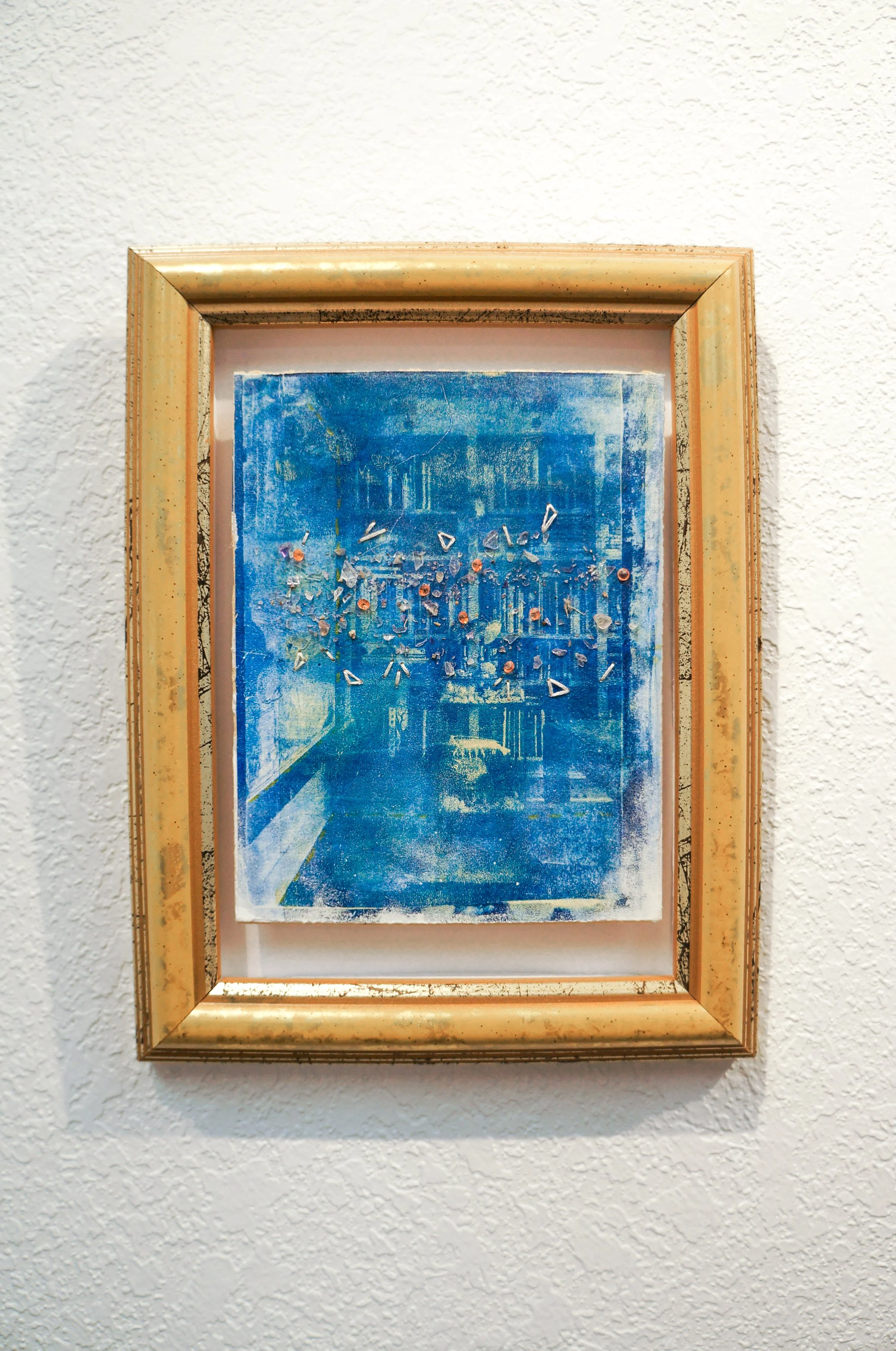 Till the Rays Come Thru
Approx. 4” x 6” 
Embroidery, and crushed crystals on gelplate transferred image
$85
