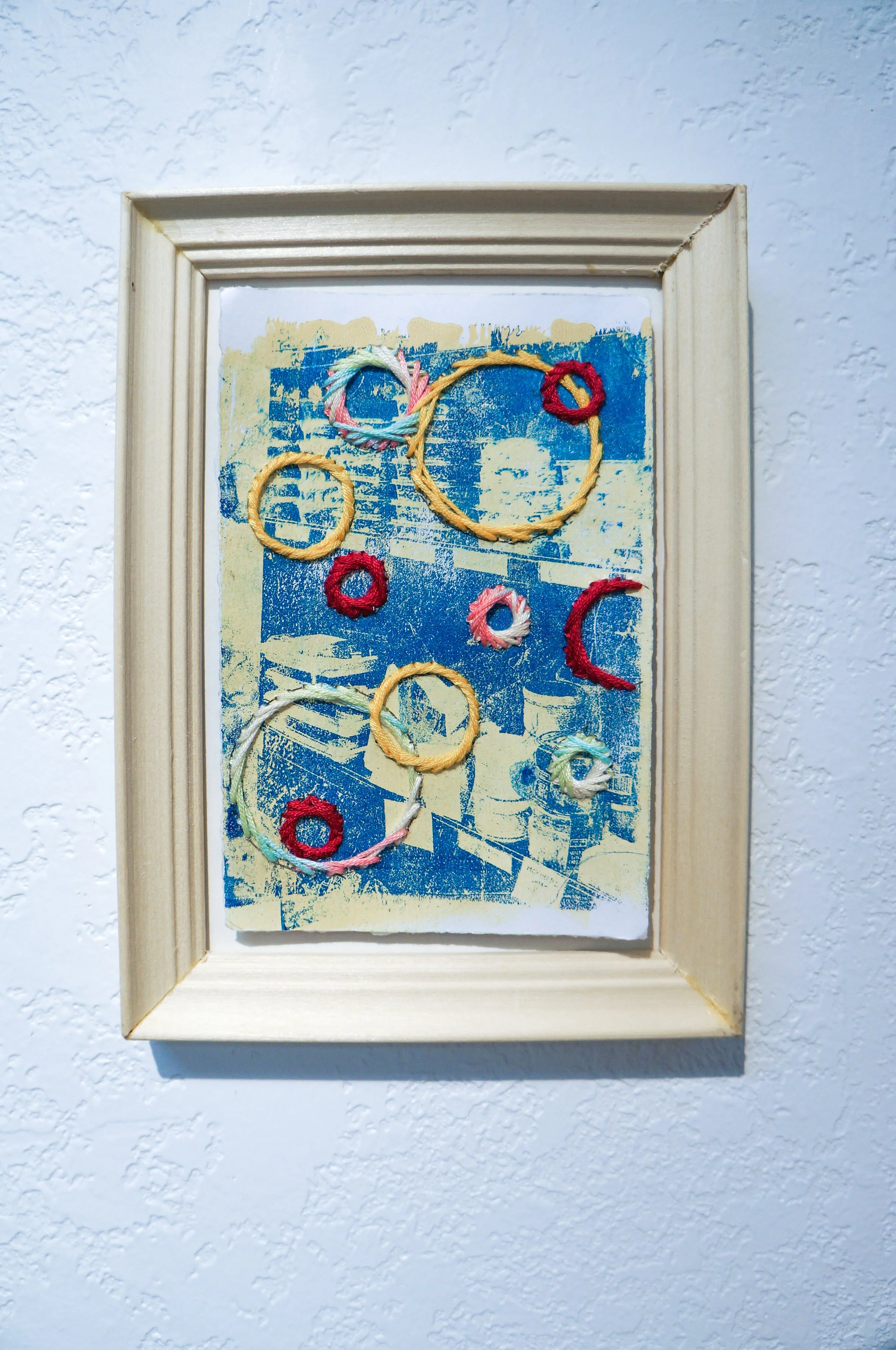 Hope is in the Groceries
Approx. 4” x 6”
Gelplate image transfer on paper with embroidery
$85
