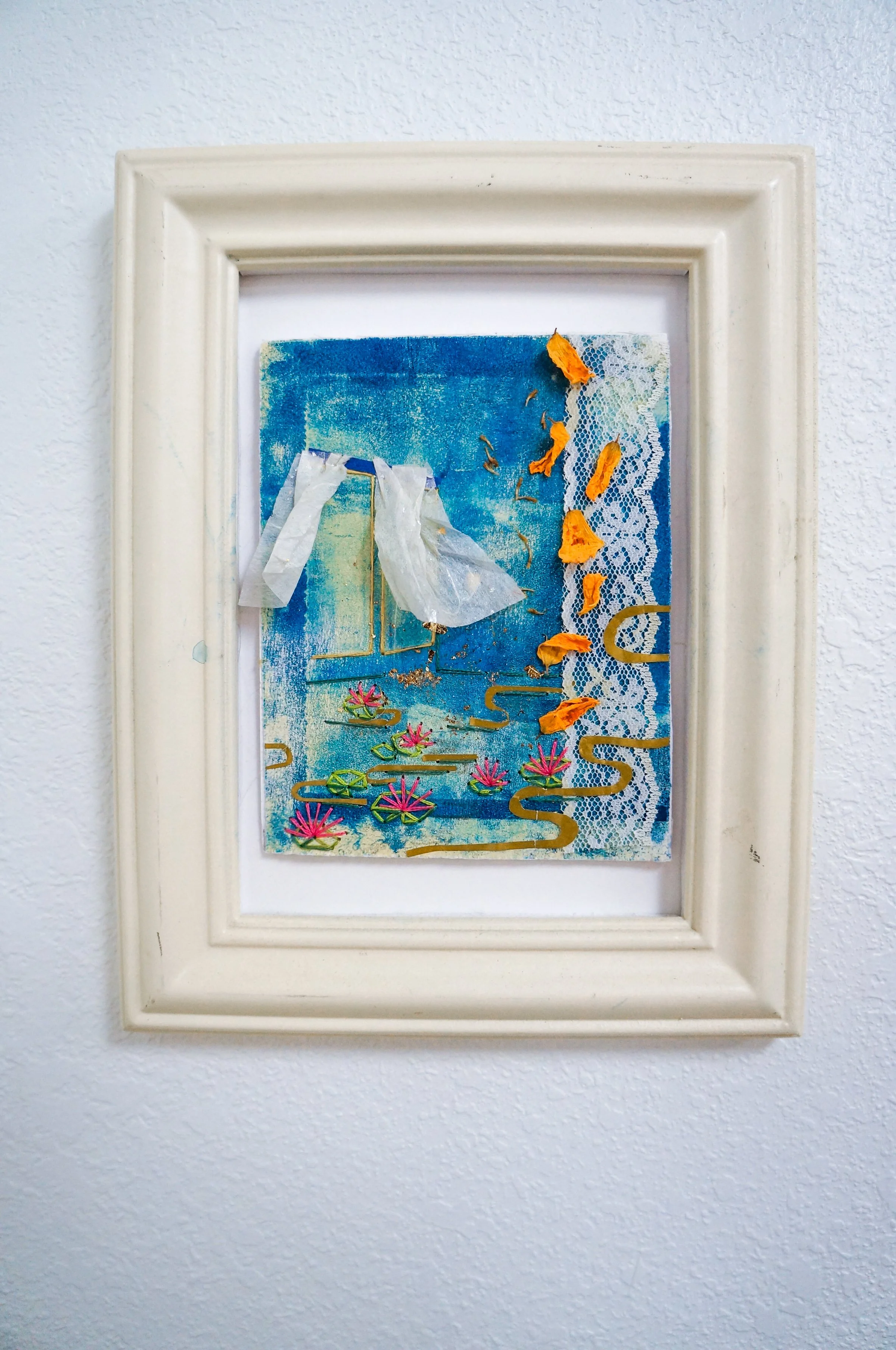 I learned to live when I thought it was all over
Approx. 4” x 6” 
Embroidery, collage and dried plants on gelplate transferred image
$85
