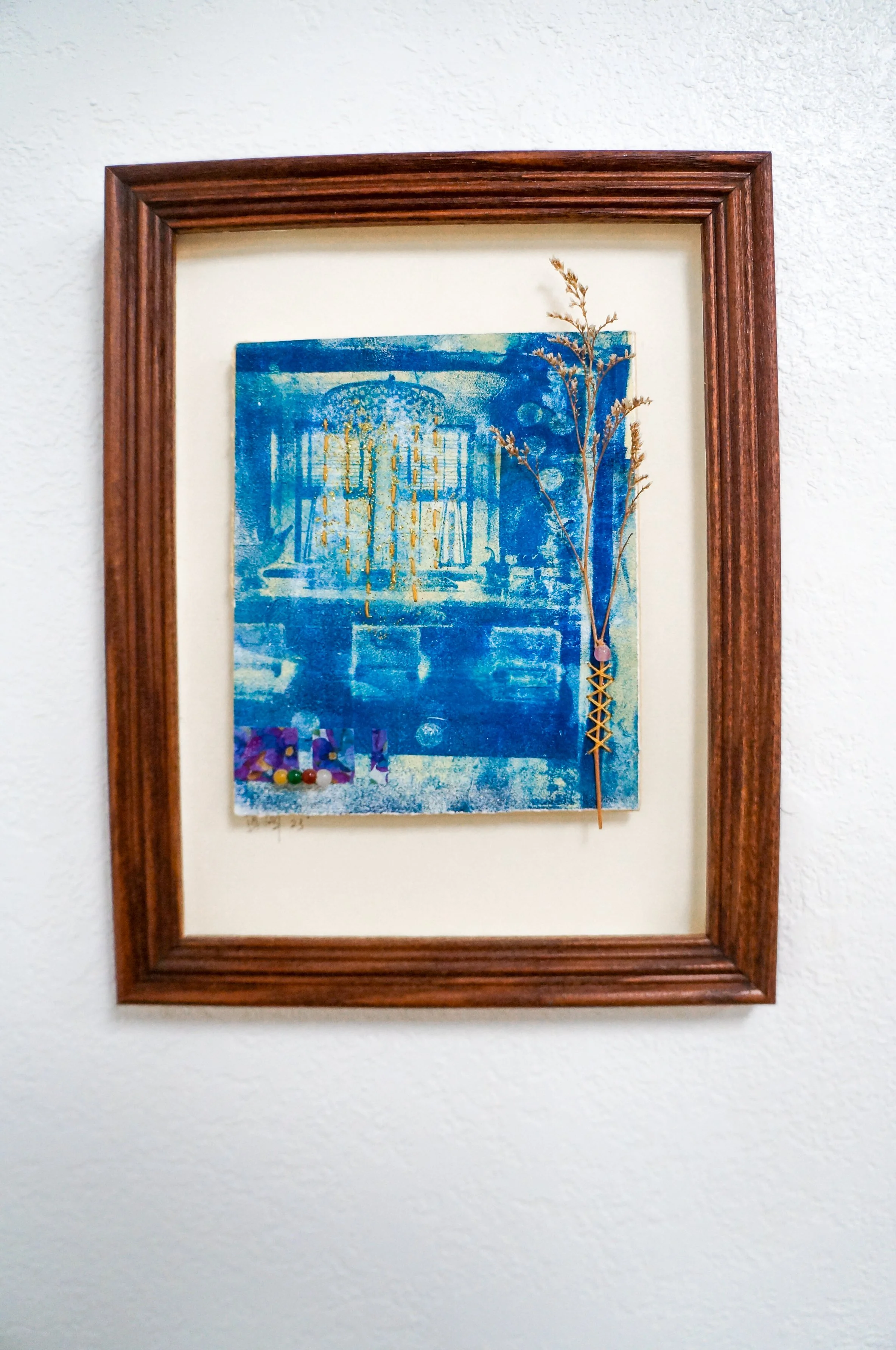 Brunch Under the Sunny Rain
Approx. 4” x 6” 
Embroidery, collage and dried plants on gelplate transferred image
$85
