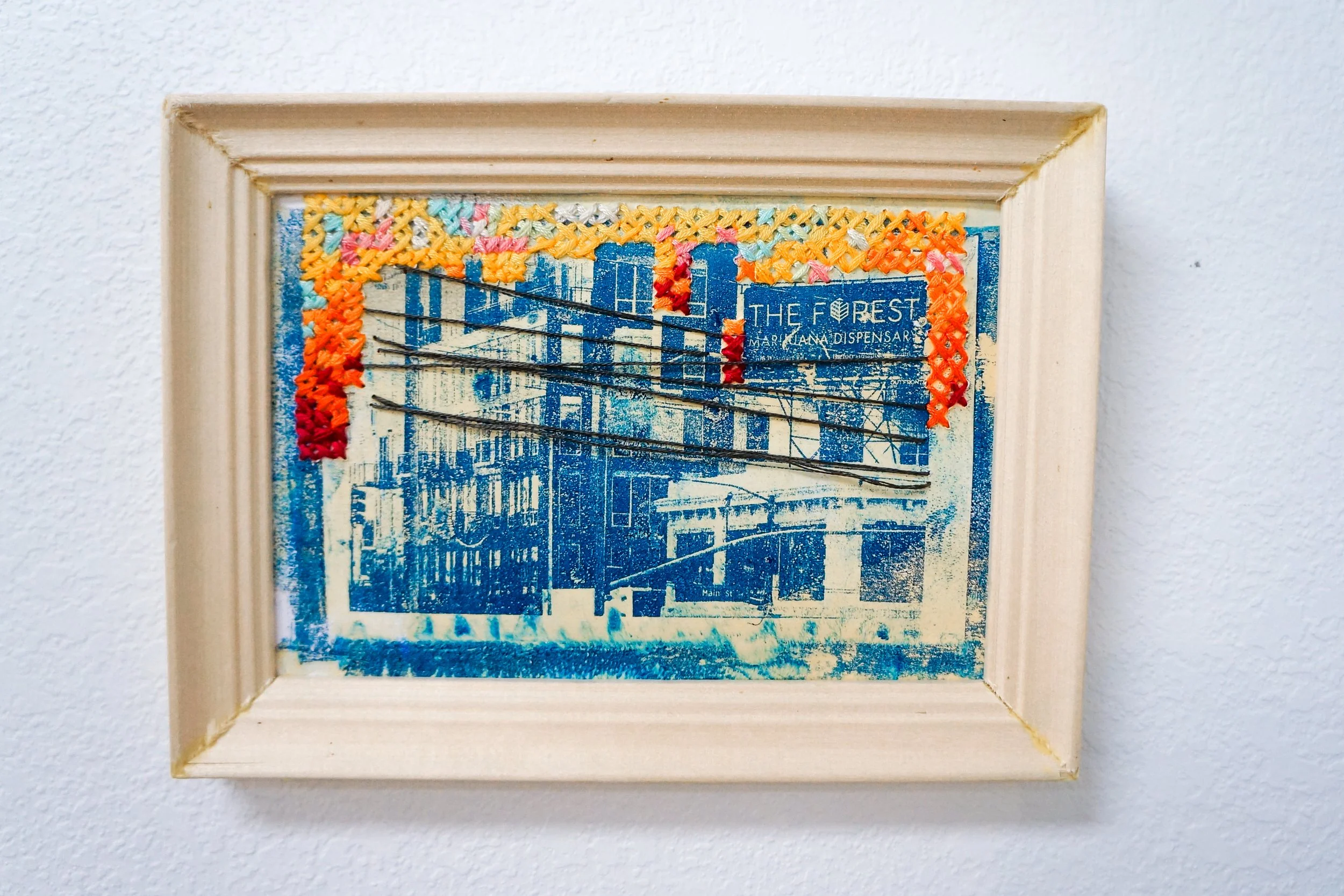 Sunsets Look The Same Around the World, Or Do They?
Approx. 4” x 6”
Gelplate image transfer on paper with embroidery
$120
