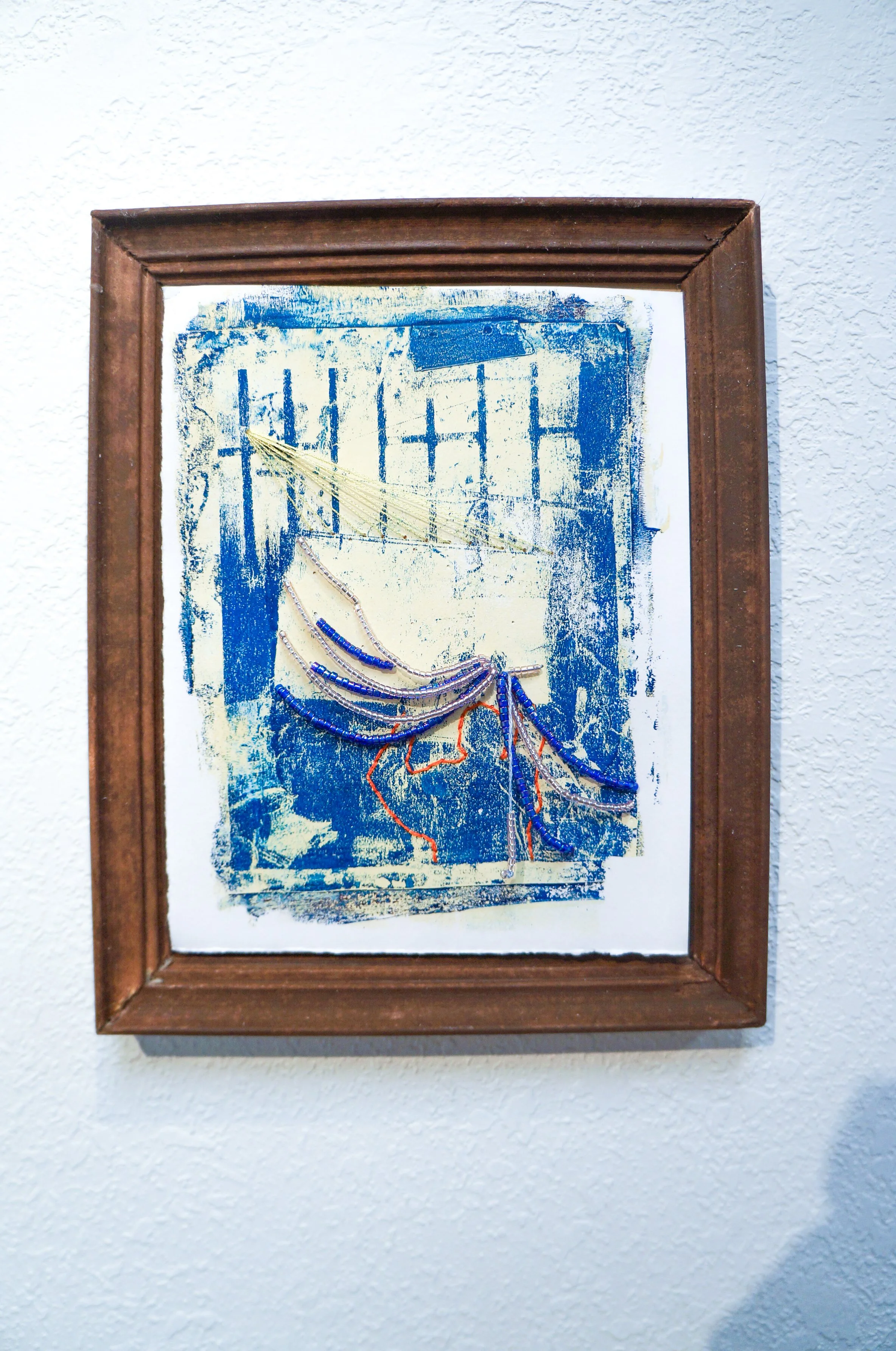 My Grandma’s Hands Unravel Me
Approx. 5” x 7”
Gelplate image transfer on paper with beads and embroidery
$100