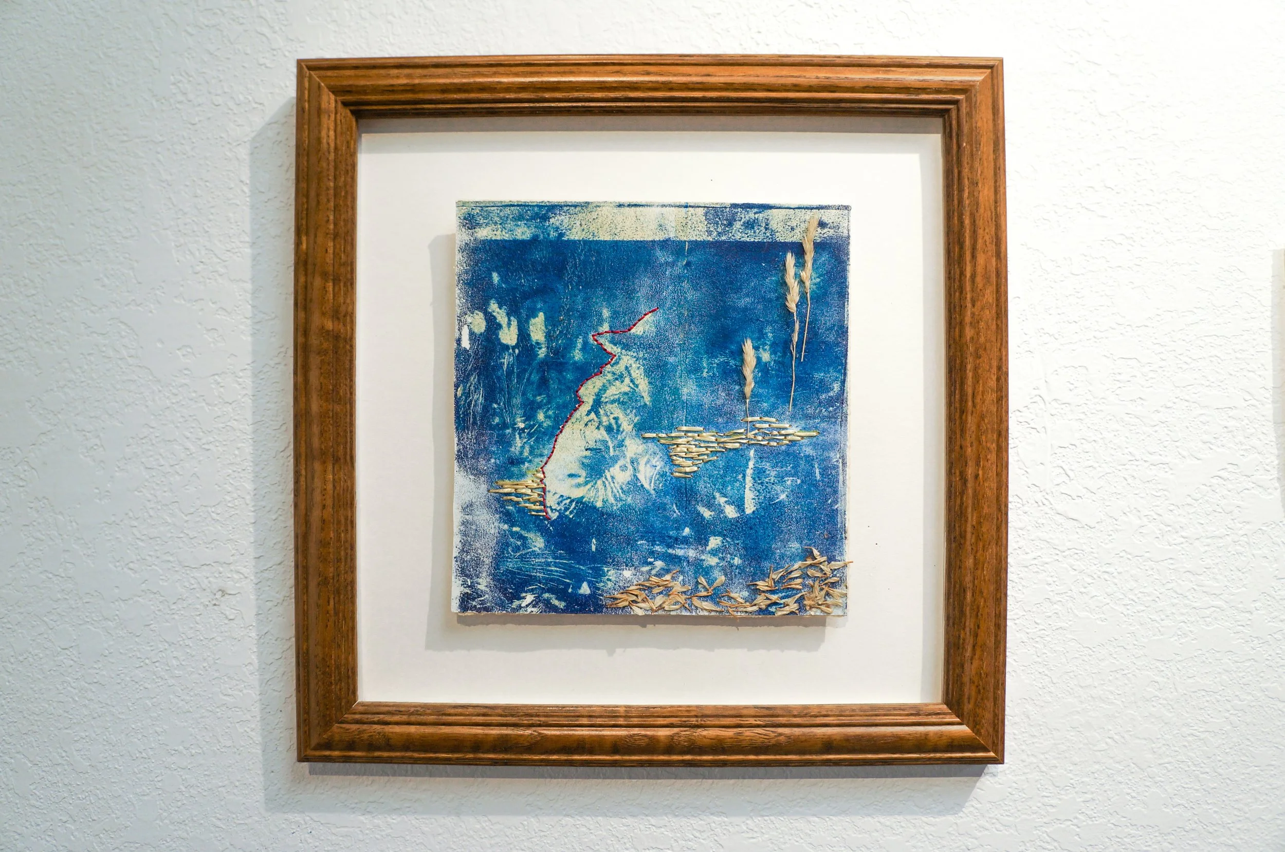 Tender, Tender Business
Approx. 6” x 6”
Embroidery and dried plants on gelplate transferred image
$120
