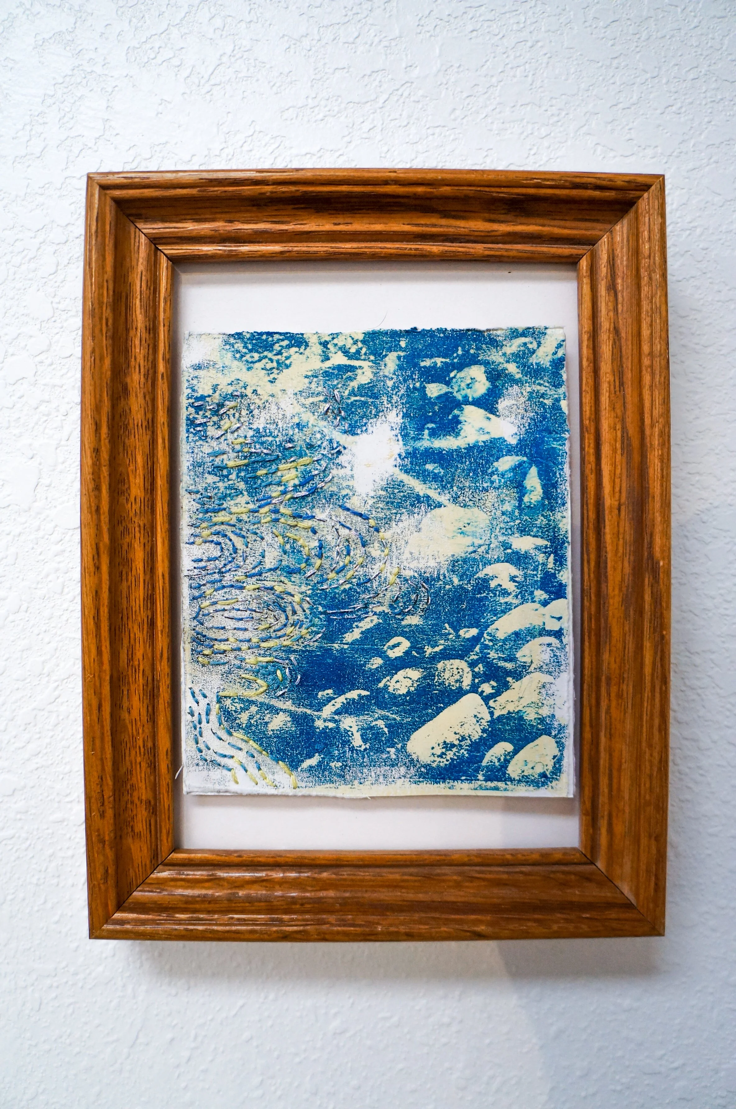 Shimmering
Approx. 4” x 6”
Gelplate image transfer on paper with embroidery
$85
