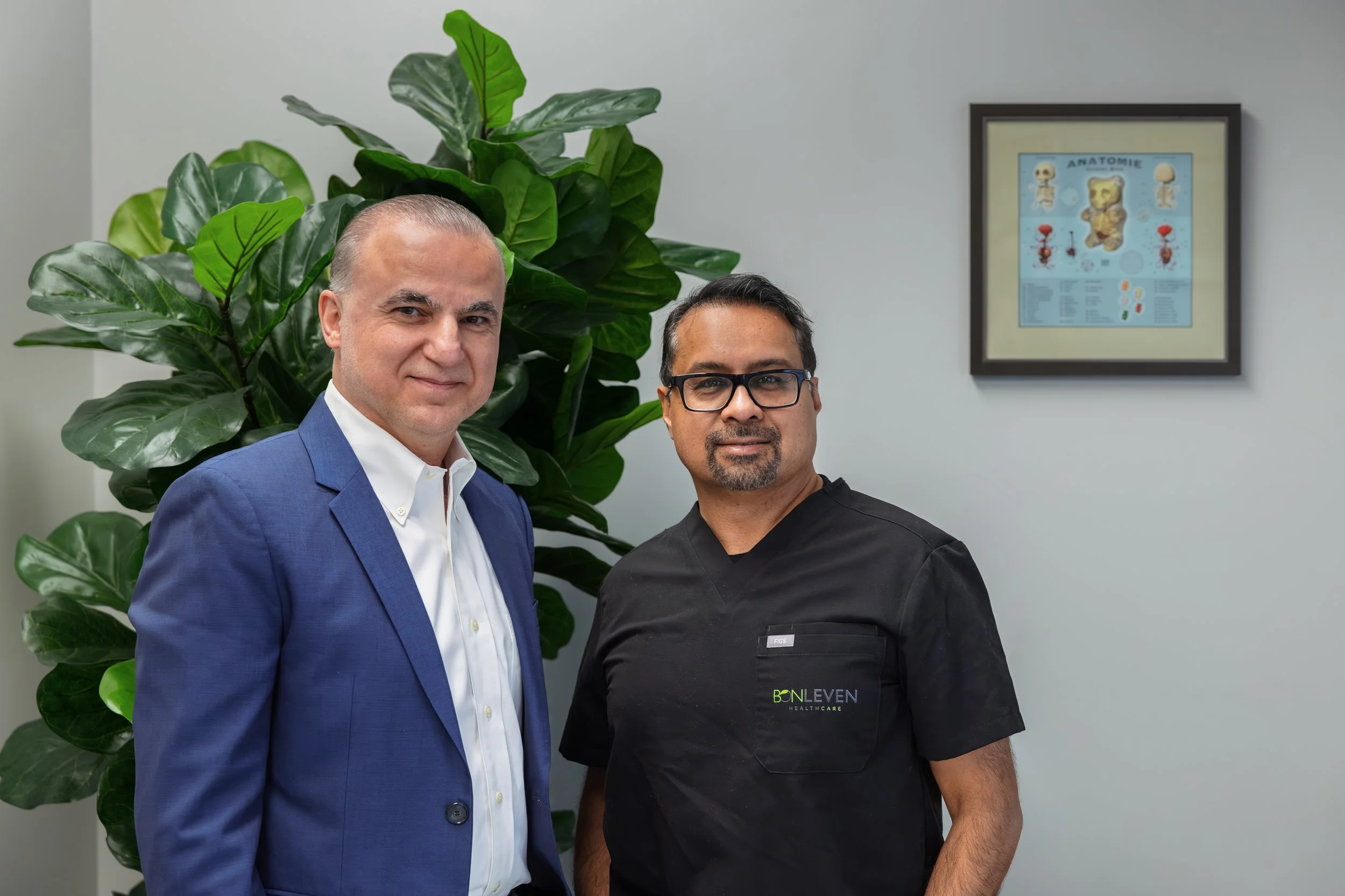 A photo from BonLeven's medical office featuring Dr. Teher and Dr. Shah.