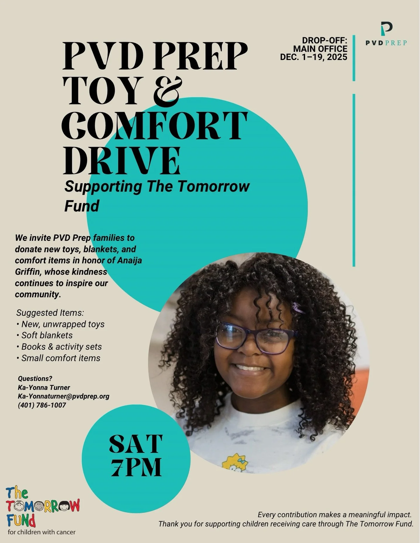 Honoring Anaija&rsquo;s legacy of kindness 🤍
PVD Prep is collecting new toys, blankets, and comfort items to support children receiving care through The Tomorrow Fund.

Drop off donations at the main office Dec. 1&ndash;19.
Thank you for giving with