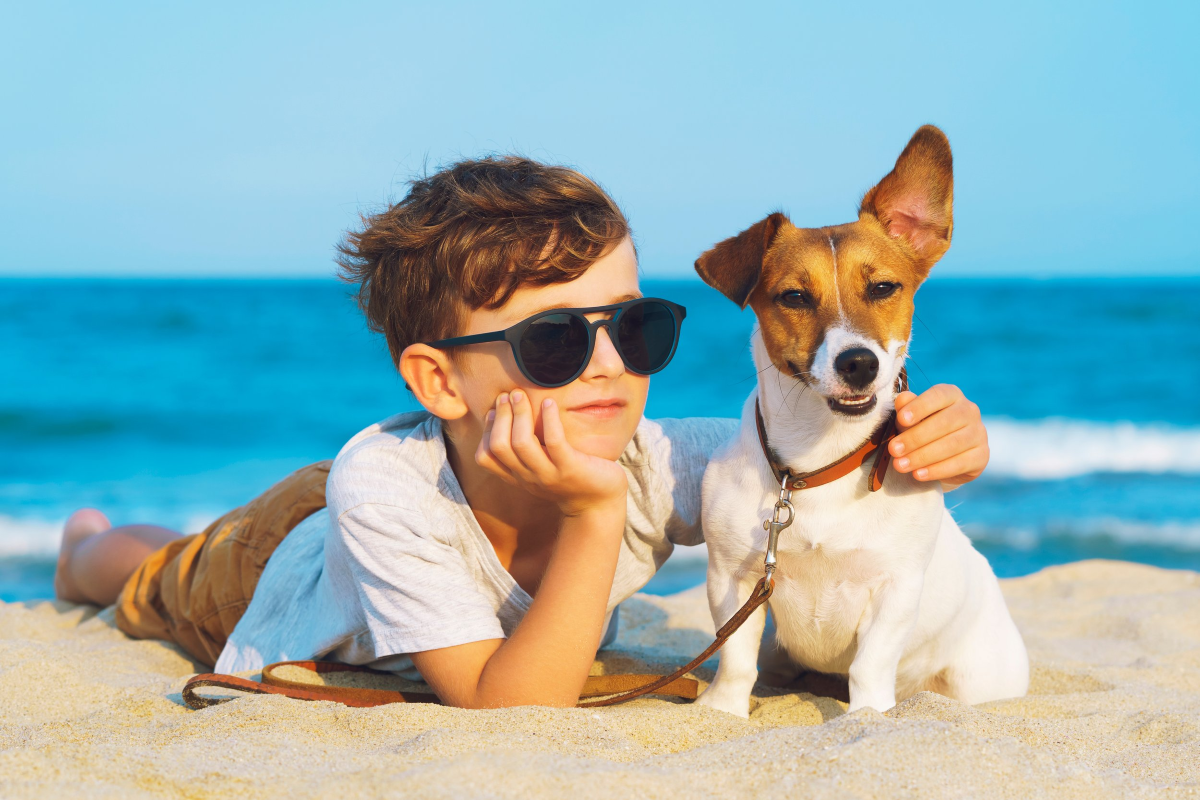 A young boy wearing sunglasses is laying on the beach with one arm wrapped around his puppy.
