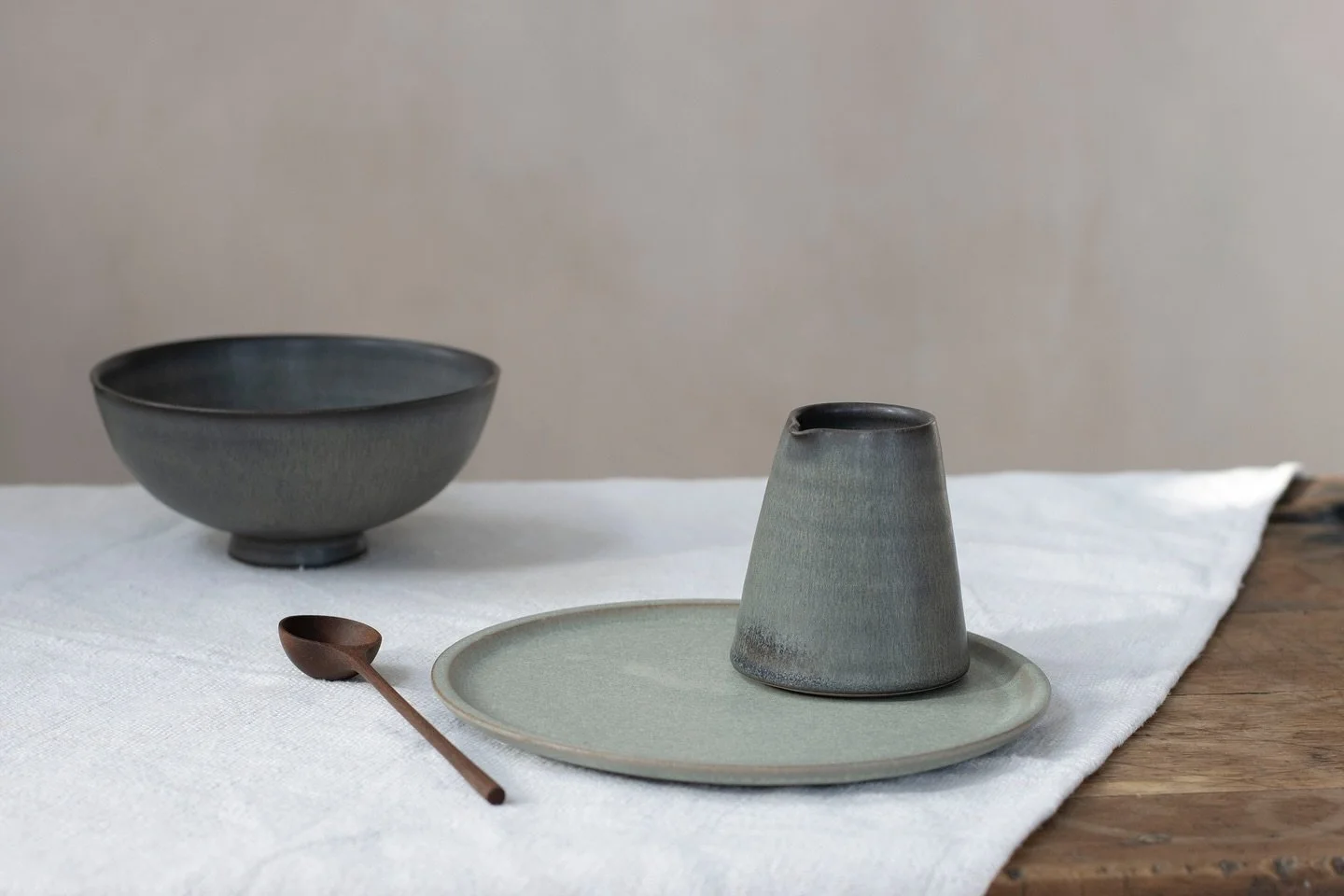 A small breakfast grouping in both nightshade blue and mist blue. I&rsquo;ve brought all the pots I could manage home to photograph over the next few days, which will be fun and exciting. I haven&rsquo;t used our home to photograph my pieces for a co
