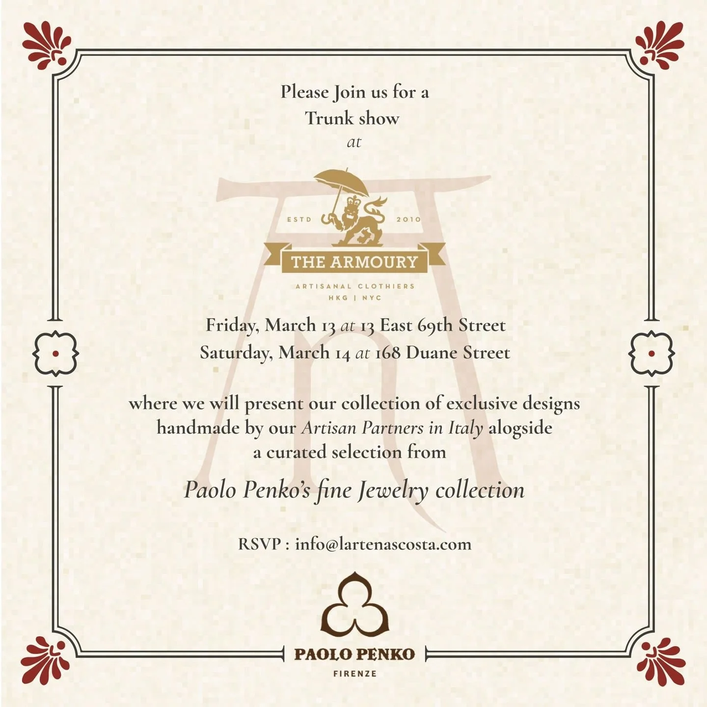 Join us tomorrow, March 13 &amp; Saturday, March 14 at The Armoury for our first Trunk Show of 2026. 
@alessandropenko will be joining us all the way from Florence with a special selection of @paolopenko fine jewelry collection especially for the occ