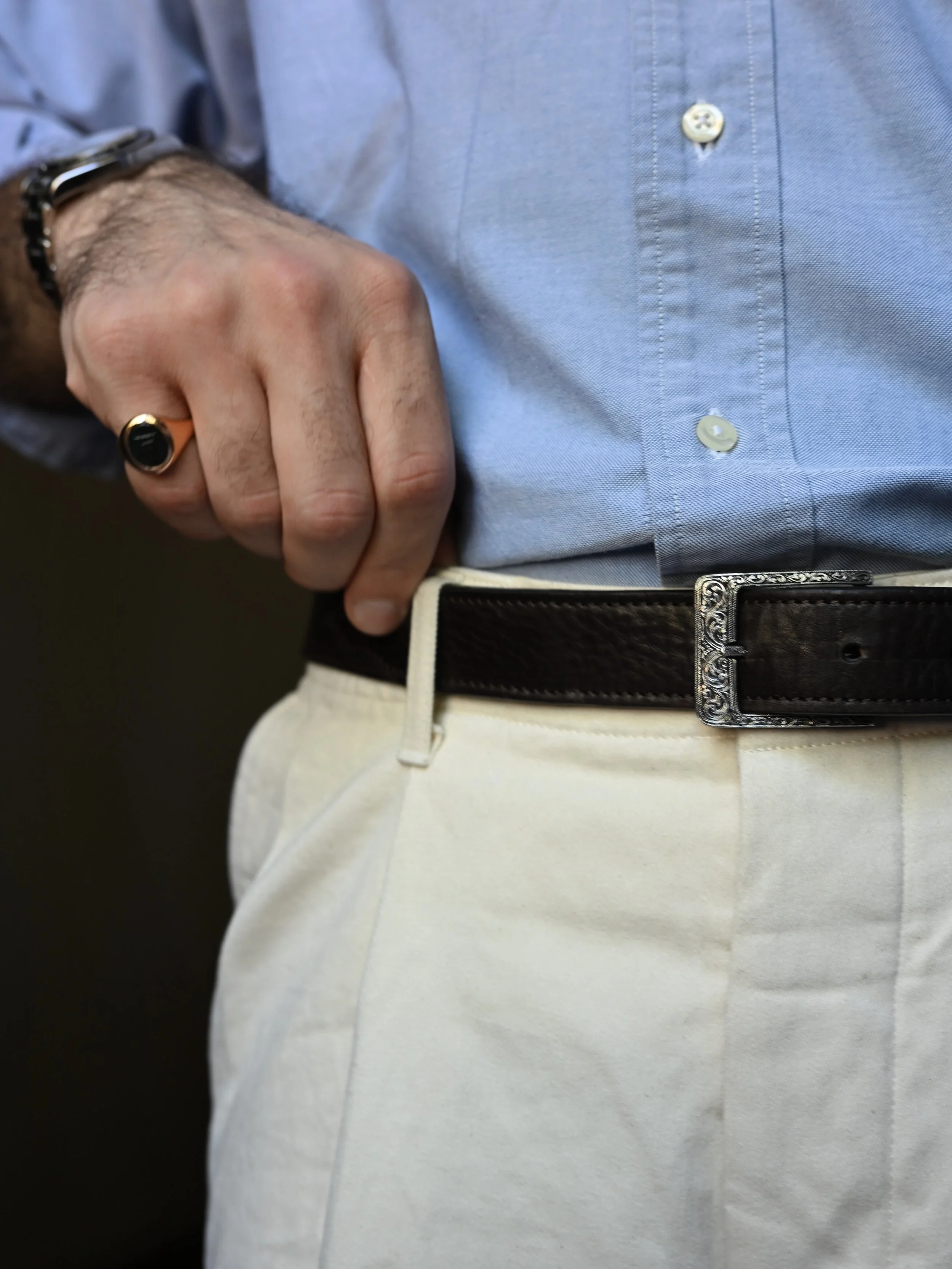 A belt for all seasons. 
//
Our Sterling Silver &ldquo;Quadrata&rdquo; Buckle by Paolo Penko paired with our tumbled vacchetta leather belt strap made for us by the Romanelli family. 
//
Buckles available via link in bio. 
DM for belt strap details. 