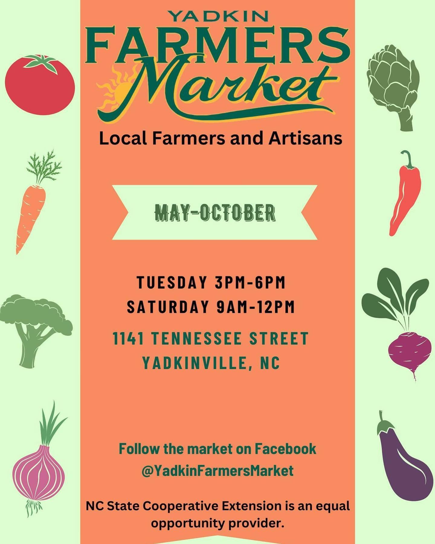 The Yadkin Farmers Market starts today, May 7th at 3:00PM!

Some of the items available today include:

Sweet potatoes, lettuce, onions, radishes, dahlia tubers, mixed lettuce bags, tomato plants, fresh cut lemon balm, radishes, key lime pound cake, 