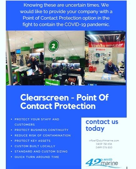Contact us today if we can help with Point Of Contact safety in your workplace.
Stay safe everyone.

#42southmarine #hobart #safetyfirst #buylocal #buytasmanian #tasmania #royalhobarthospital #coronavirusitalianews #covid_19 #staysafeoutthere #tasman