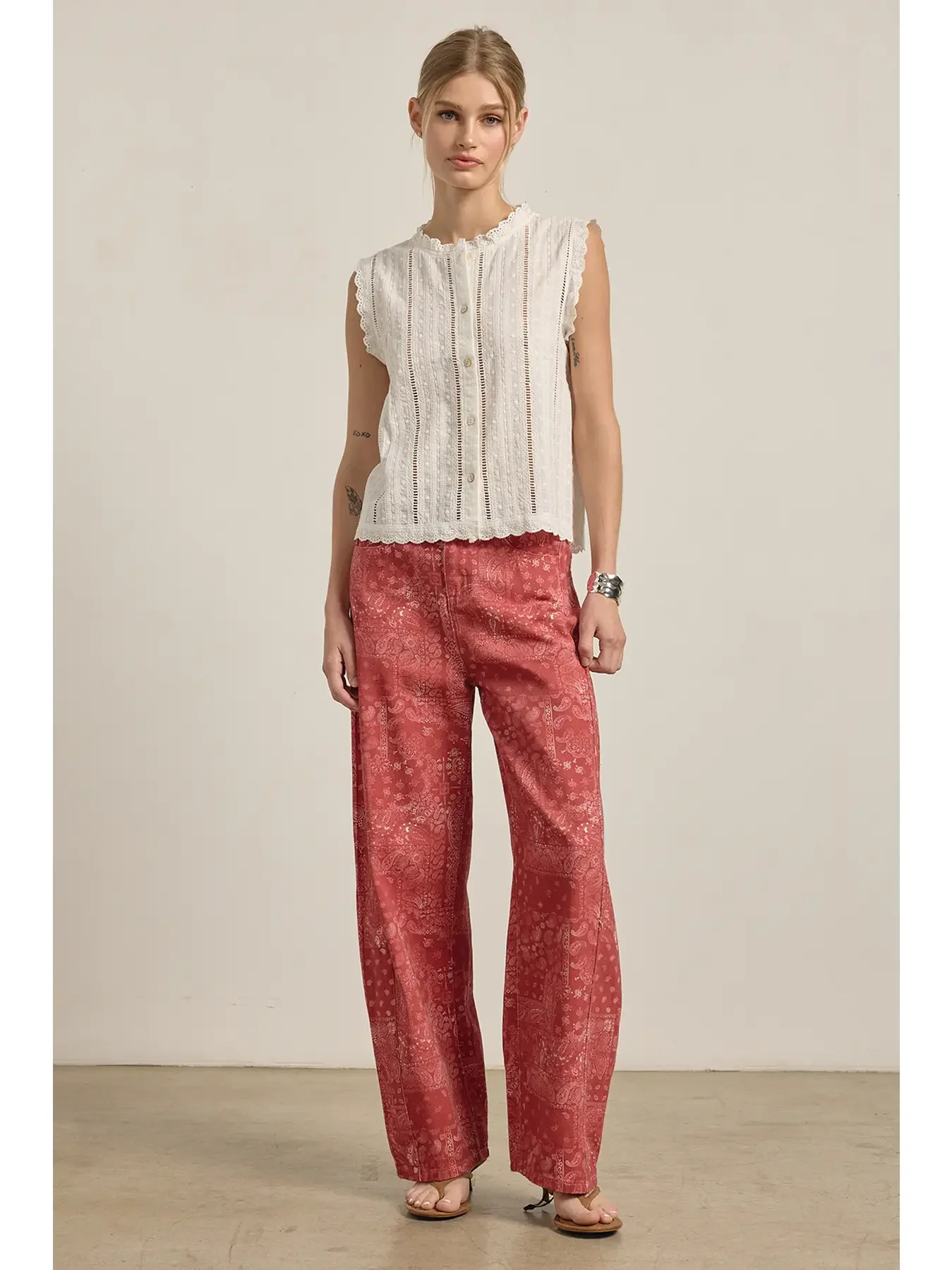 Washed Bandana Print Wide Leg Pants