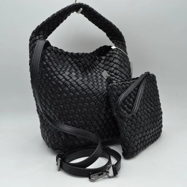 Black Woven Handbag & Pouch Set