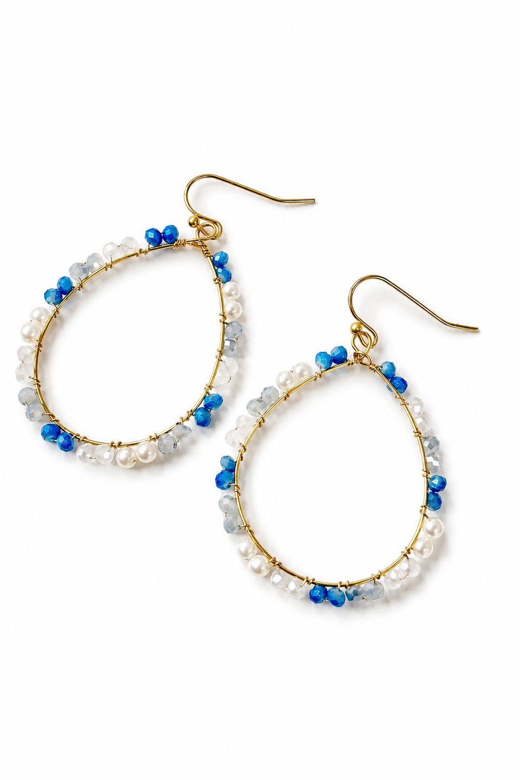 Pearl & Blue Bead Hoop Earrings